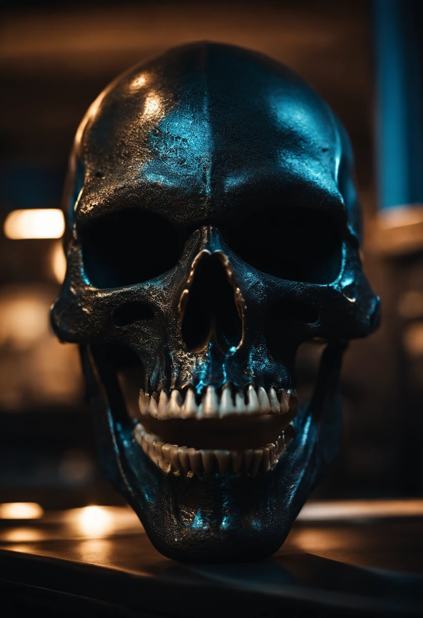 person. Dense physique. Hacker's Skull Mask. Against the background of a dark room with blue lighting.