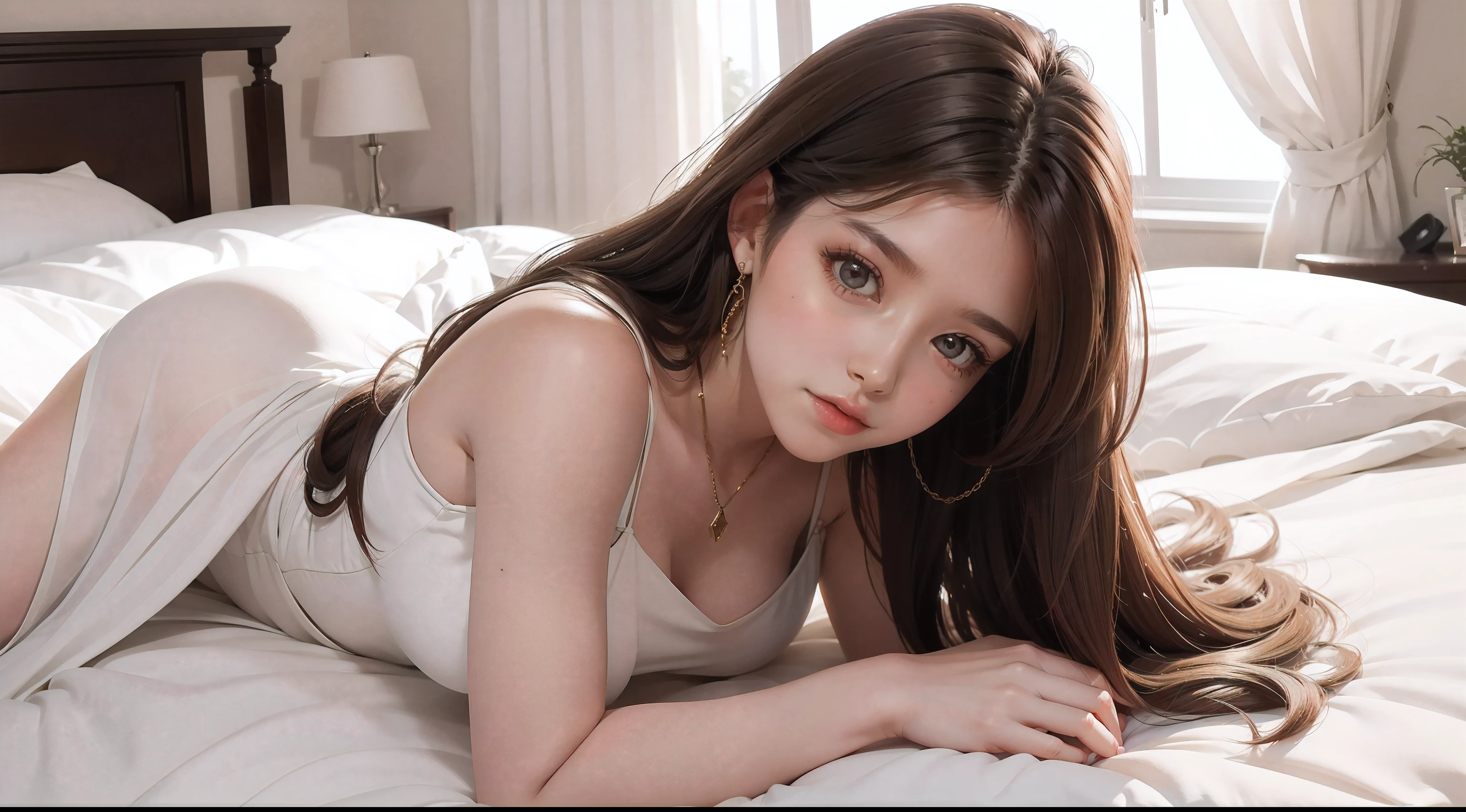 A beautiful girl laying down on the bed, long brown hair, perfect body figure, she's wearing a long tight white dress, random posed, close up photoshoot