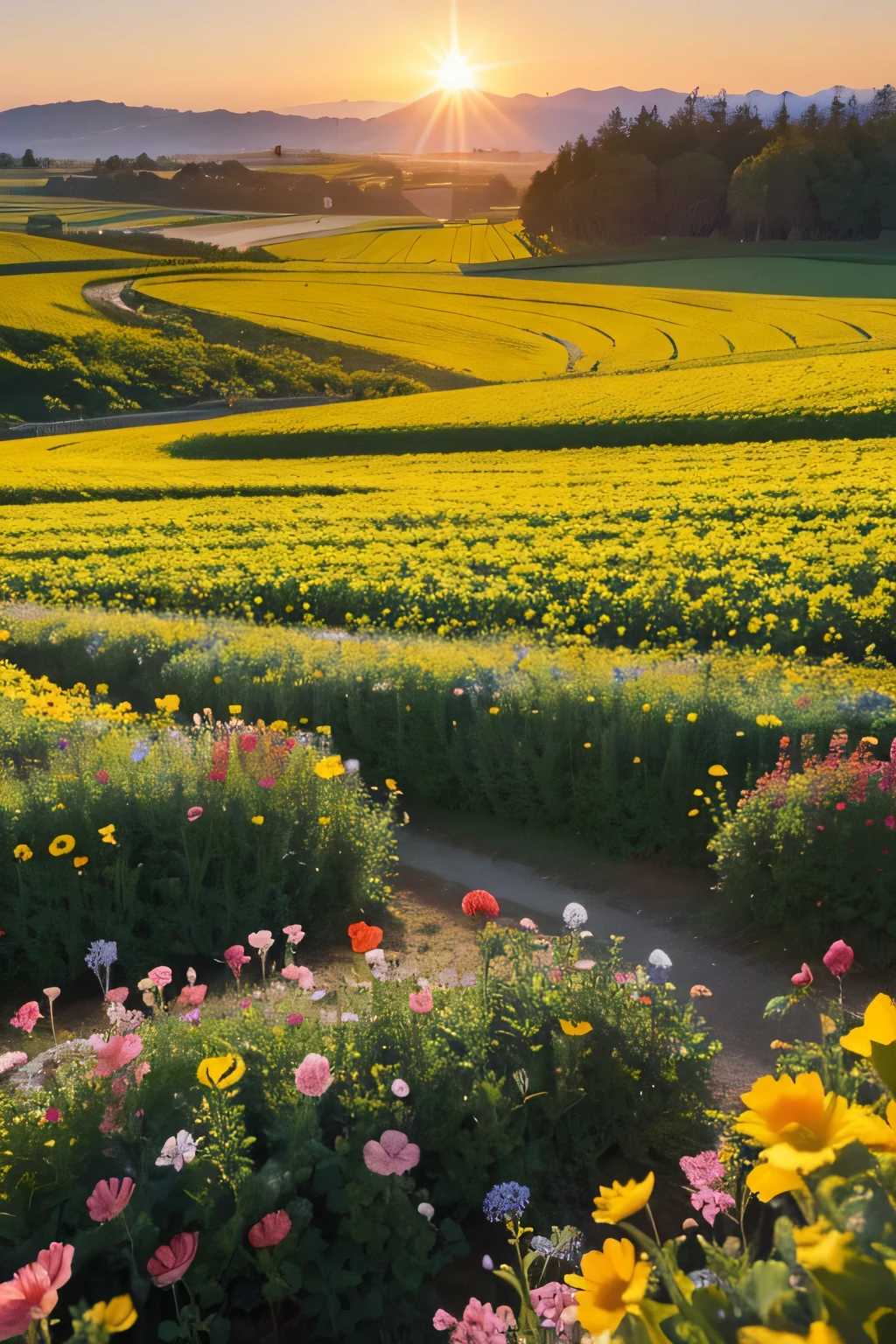 A photo of nature and flower fields taken on a sunny day when the sun rising.