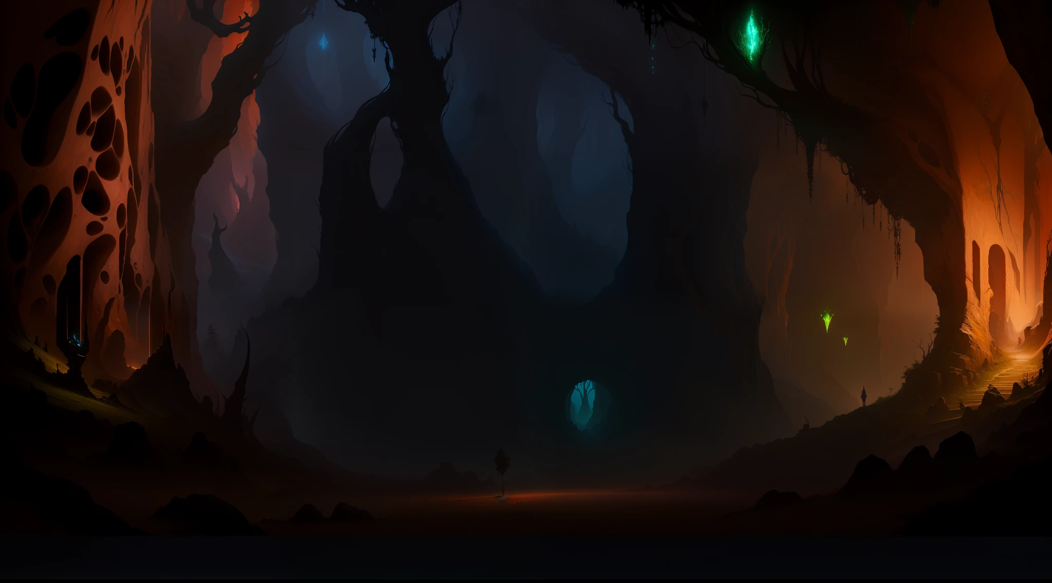 In underground caverns, Fantastic colors and atmosphere, Colorful concept art, fantasy magic vegetation, Chuanghui Digital Fantasy Art, Whimsical fantasy landscape art, lush alien landscape, Fantastic colors and atmosphere, fantasy painting style, Mysterious fantasy landscape, Detailed fantasy digital art, fantasy digital painting, fantasy art landscape, fantasy forest landscape