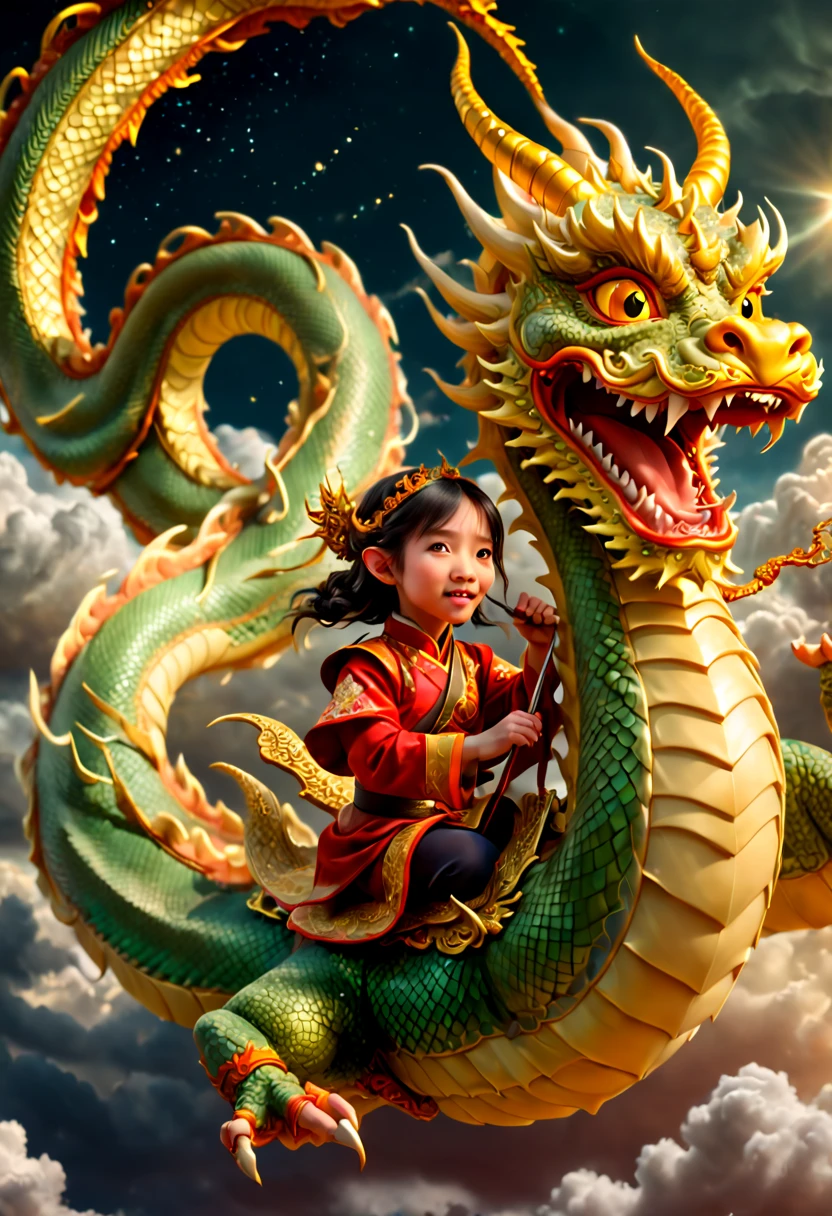 text "China", Chinese New Year "2024", dragon cub mascot, red clothes, Chinese bowing, spit out many golds, red envelopes, fireworks, confetti, strong festive atmosphere, Chinese elements, panoramic view, Ultra high saturation, (best quality, masterpiece, Representative work, official art, Professional, 8k)