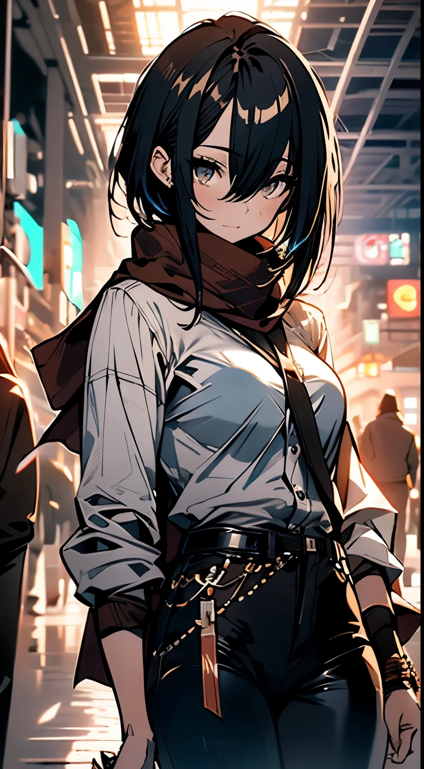  4k, wallpaper,Full body, (Best Quality), (Masterpiece), a very exquisite and beautiful girl, very detailed, amazing, with exquisite details, official art, super detailed, high-level,  shingeki no kyojin, mikasa ackerman, 1girl, arm strap, bangs, black hair, black pants, breasts, cowboy shot, embers, green eyes, hair between eyes, long sleeves, looking at viewer, medium breasts, pants, red scarf, scarf, shirt, short hair, solo, thigh strap,  brown jacket, white shirt, survey corps \(emblem\), ((masterpiece)), best quality, ,hmmikasa, black eyes