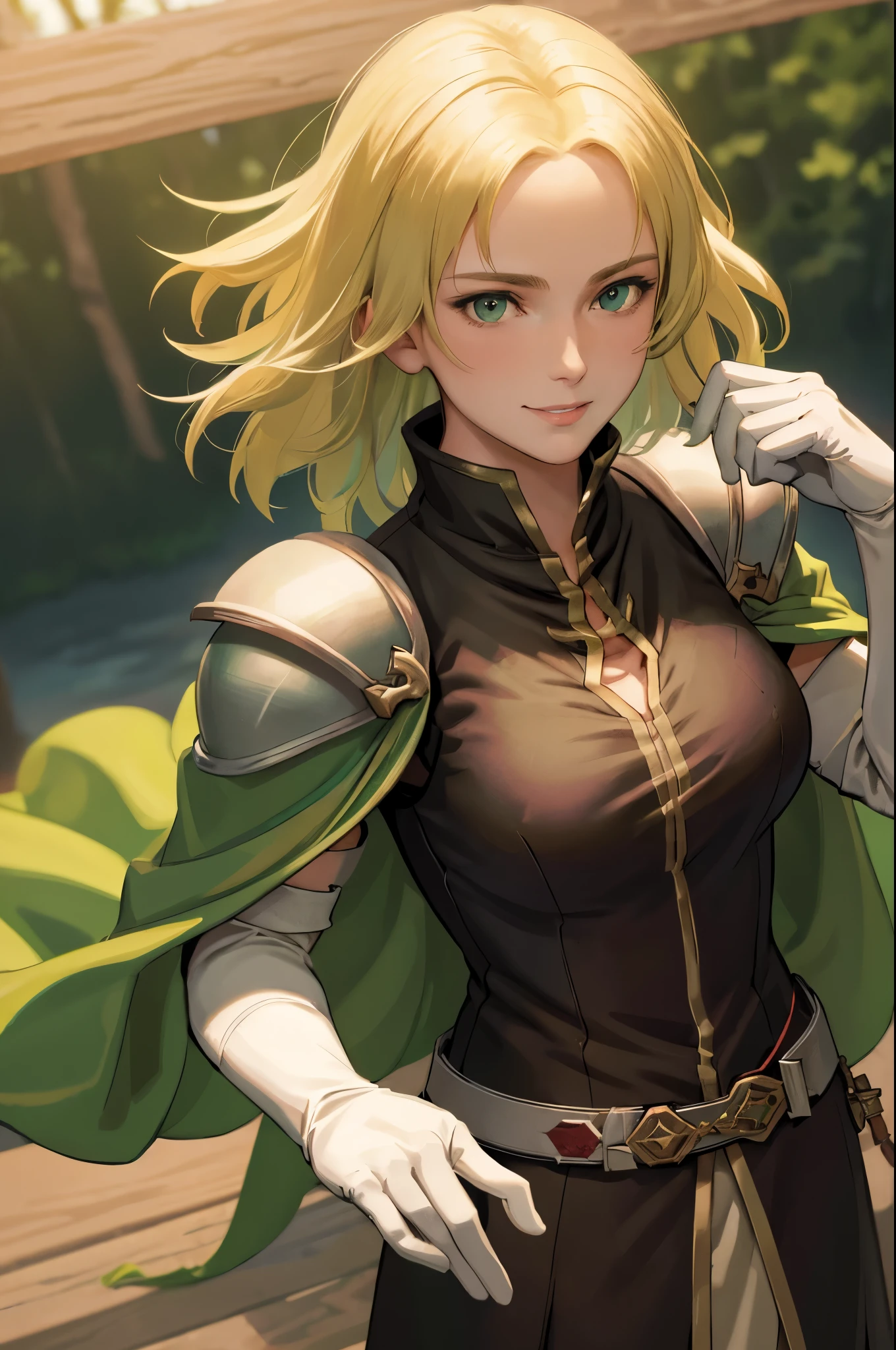 masterpiece, best quality, feSelena, brown tunic, green cape, white elbow gloves, shoulder armor, belt, upper body, looking at viewer, serene smile, forest, bog, sunset, medium hair length