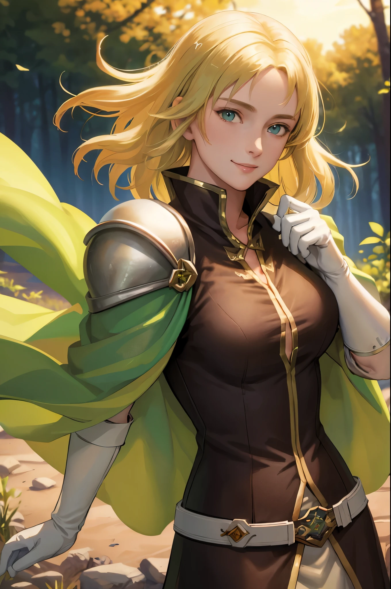 masterpiece, best quality, feSelena, brown tunic, green cape, white elbow gloves, shoulder armor, belt, upper body, looking at viewer, serene smile, forest, bog, sunset, medium hair length