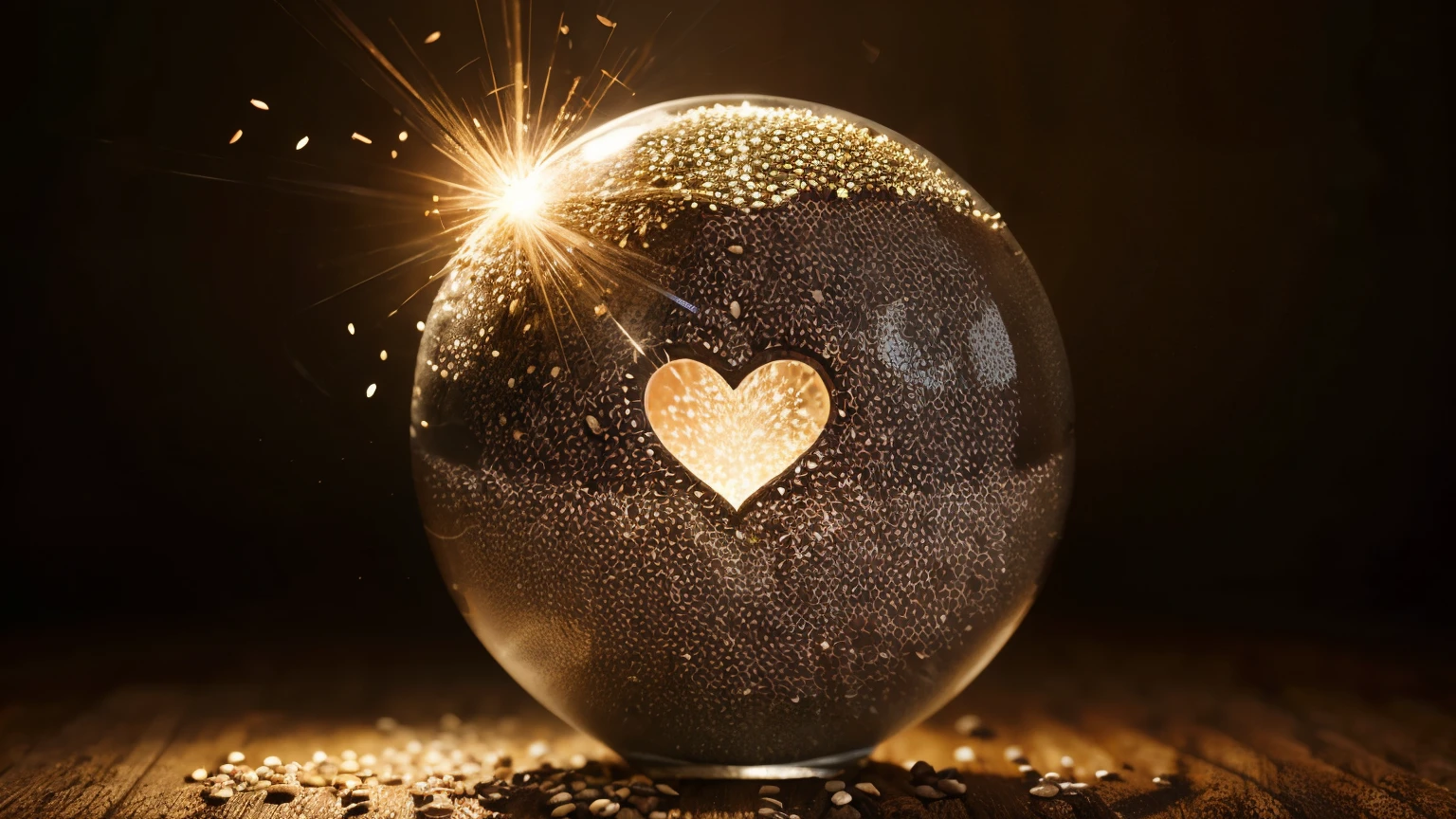Create an illustration that (((represents the chia seed))) as a source of power for the {heart}. Draw a [stylized chia seed] as a glowing sphere, with tiny particles of cholesterol being absorbed and transformed into healthy elements by the energy experienced from the seed. Around the sphere, draw strong hearts or health symbols.
