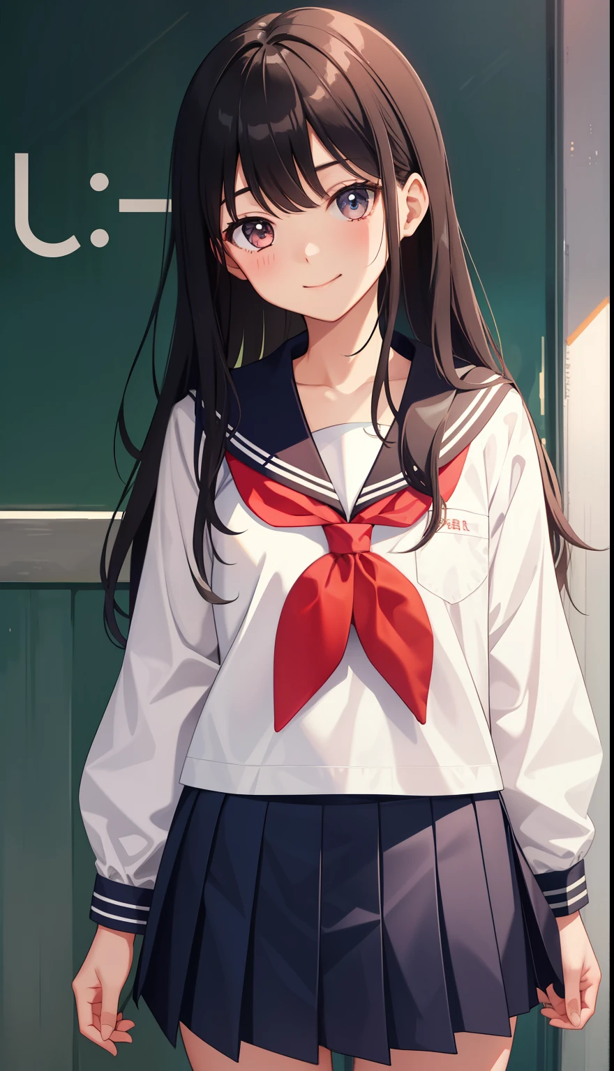 1 girl、A sloppy smile、high school 、uniform、skirt、serafuku、summer clothes、(small breasts)、(upper body portrait)、backwards、