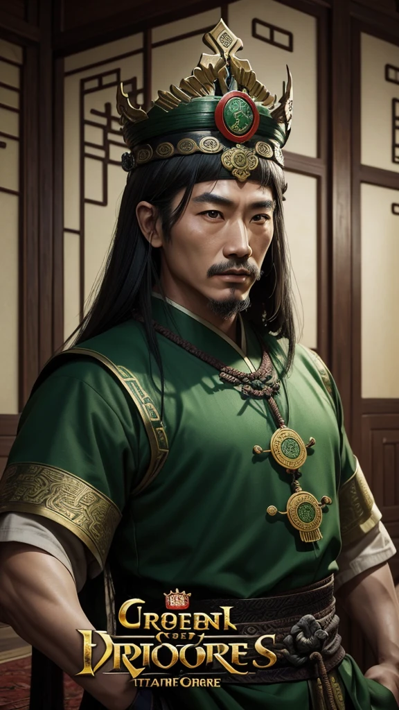oriental、ancient chinese man wearing green clothes、ancient chinese hairstyle man、ancient chinese leather crown、three kingdom、multiple warlords、highest quality、masterpiece、ultra high resolution、(Photoreal:1.4)、game poster、inside the house、Upper body、highest quality、masterpiece、ultra high resolution、(Photoreal:1.4)、game poster