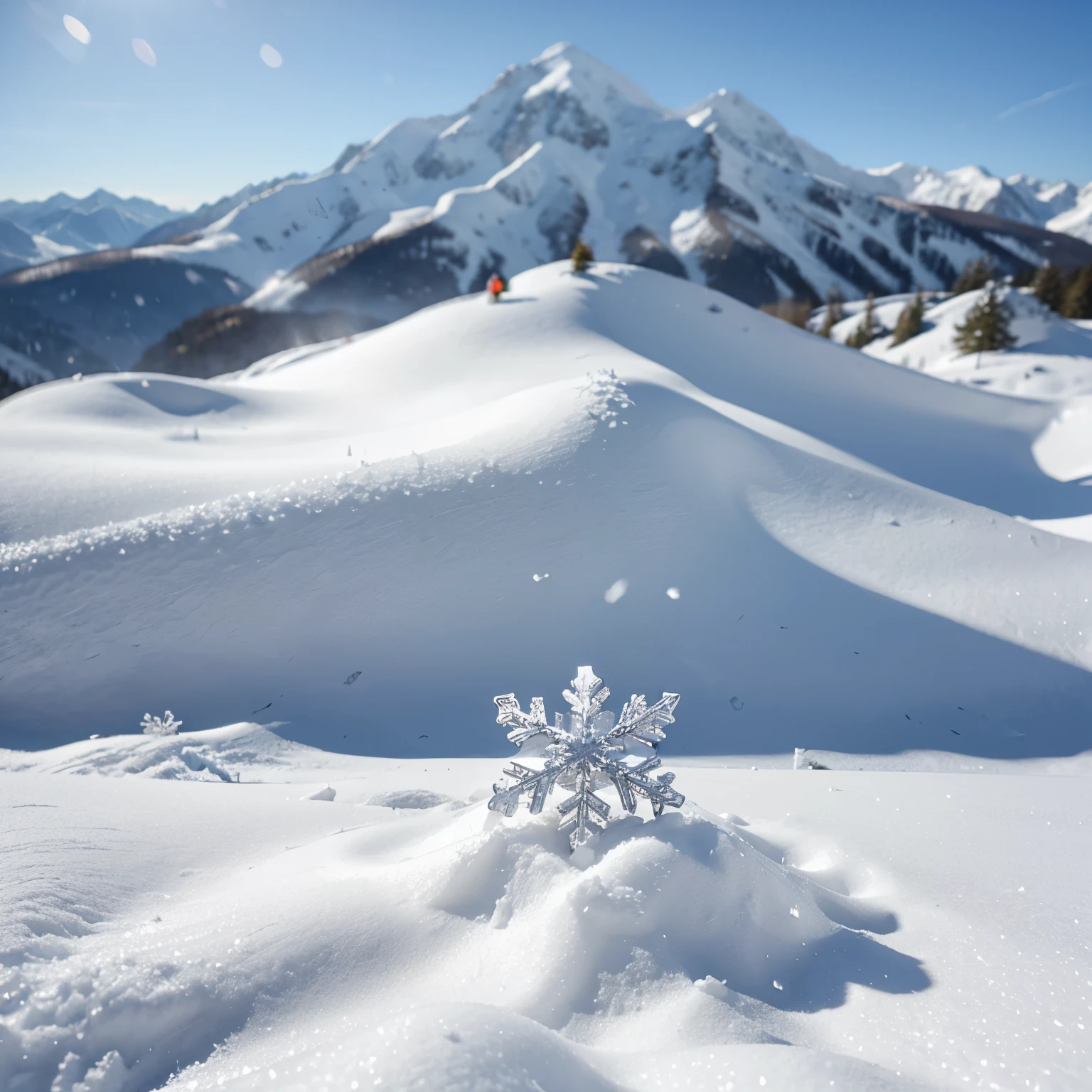 Snowflake on ground, snow, snowflake fogus, now mountain background, blur background, daytime, high details, 8k, masterpiece