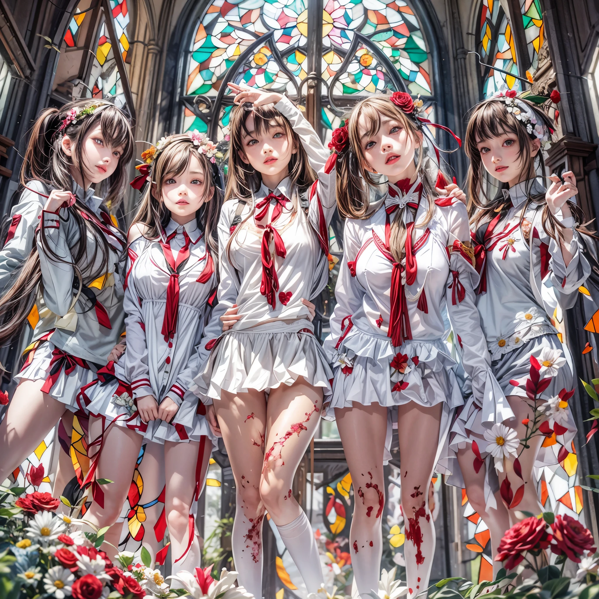 (White and Red, Acutance:0.8), Masterpiece, (physically-based rendering with ultra-detailed, (realistic and (photorealistic:1.37) with touch of rawness)). A group of KAWAII girls in opened school uniform without brassiere . ((extremely detailed KAWAII face variations) with joyful expressions), { Navel | pretty Ass | Overflowing underboob | (White panties) with blood only in crotch area | (full of Flowers covering girl's body) | (Dazzling colorful stained glass with delicate details:1.2) } . (Exposed:1.2), ((nipple:-0.9)), (not Detailed fingers:-0.9) .