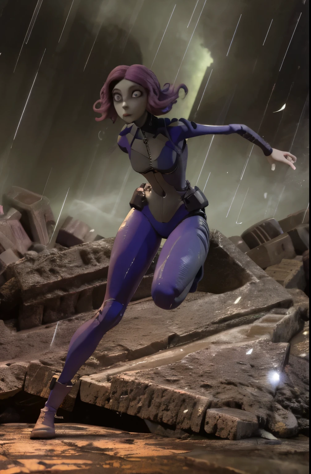 TimBurton Animation, photo of woman in a vault suit, 1girl, solo, colorful, action face, sneaking in a dark vault, action shot, bright side lighting, graceful, bottom heavy body, thic thighs, wide hips, small breasts, gloomy lighting, rainstorm lighting, volumetric lighting, dynamic angle, tight suit, in the style of Tim burton