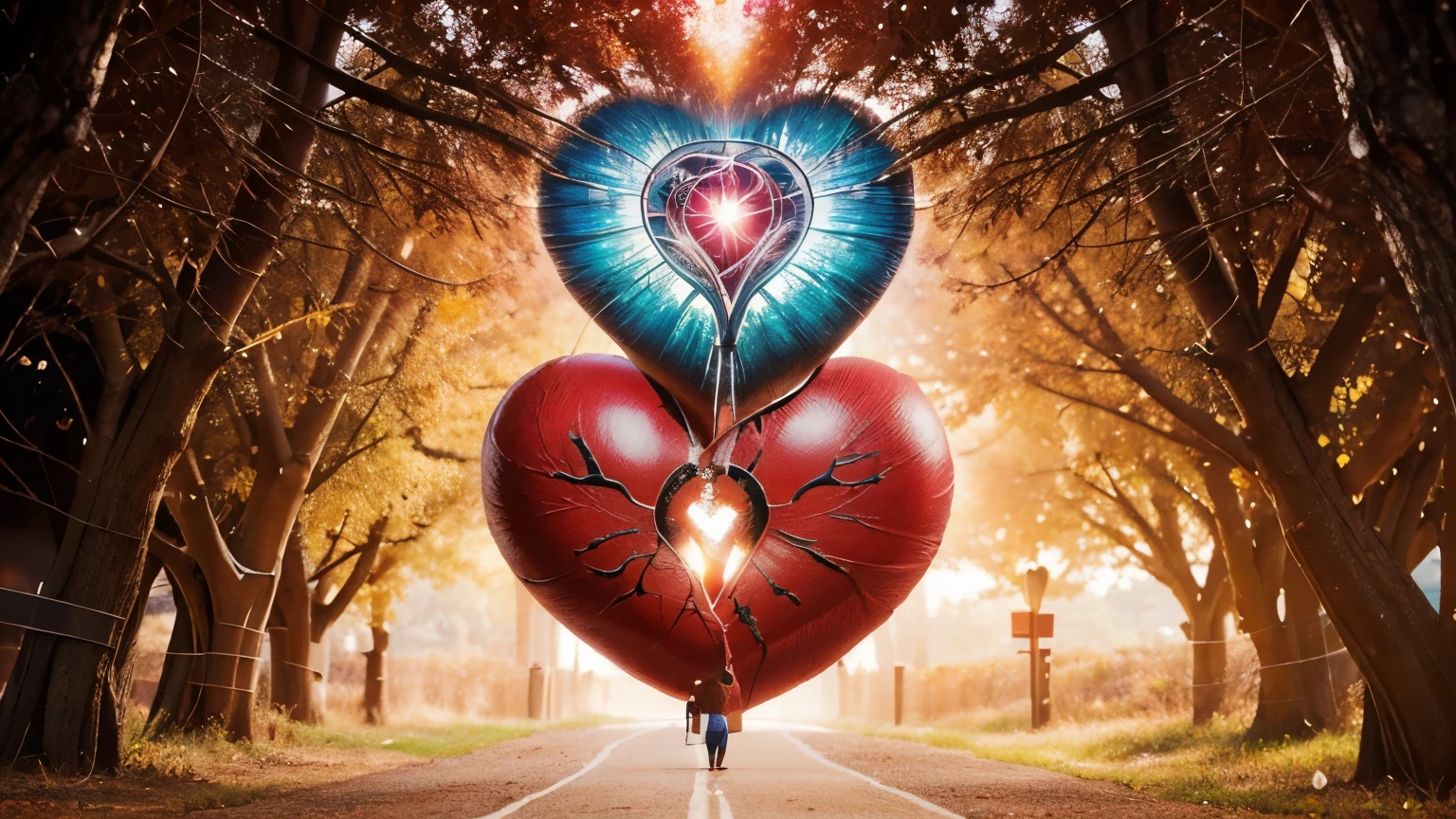 Create a cover that (((represents the journey towards a healthy heart))). Illustrate a healthy {winding path leading to a vibrant heart} in the center of the cover. Along the way, including [visual elements related to lowering cholesterol] such as healthy foods, exercise, and health symbols. Use bright, cheerful colors to convey a feeling of vitality and optimism.