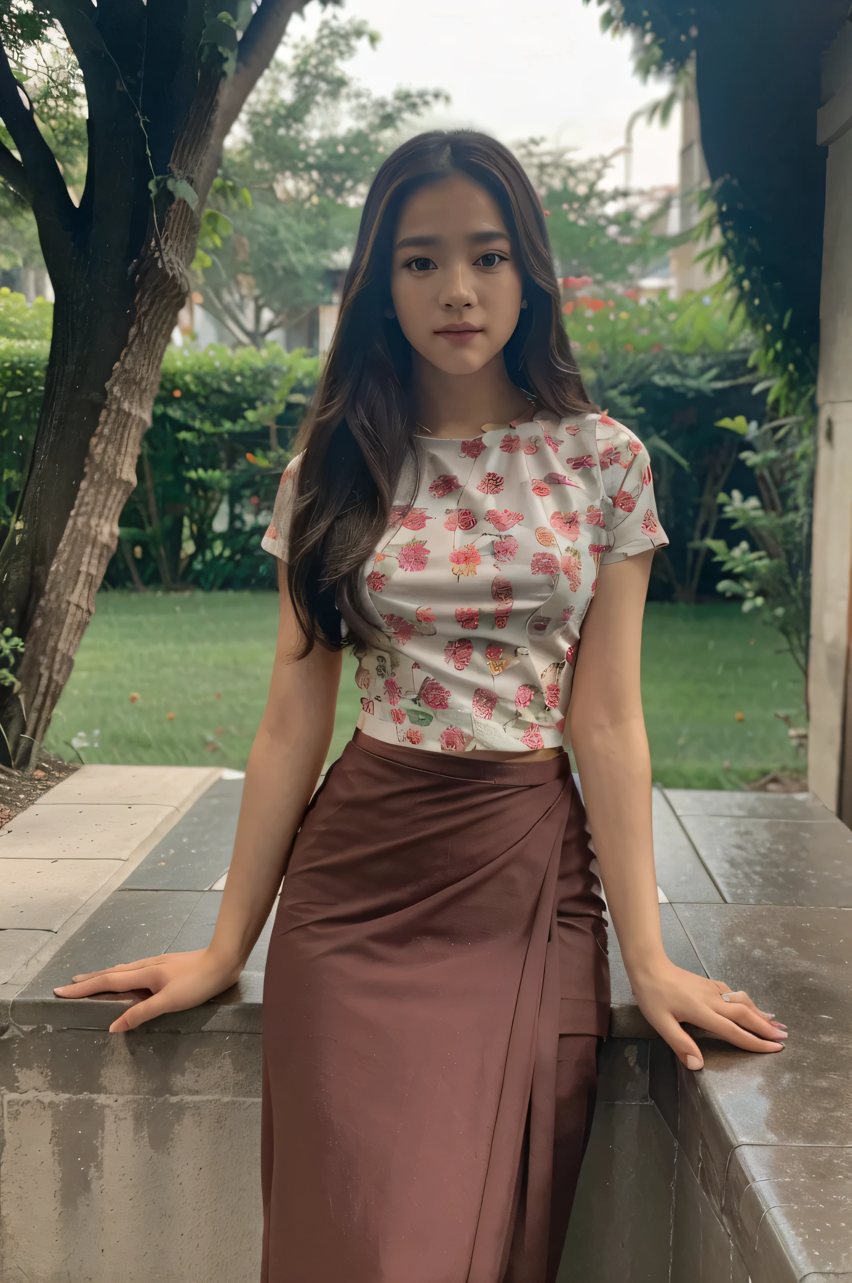 (5K,The highest image quality:1.2),(masterpiece:1.37),(Photo,realisticlying:1.37),(Ultra high resolution),realisticlying,photographed,((Blackpink Jisoo's face)),Glowing eyes,whole full body,acmm outfit, wearing on top red acmm short sleeves, printed acmm red short sleeves, wearing acmm long skirt, printed on red acmm long skirt, medium tits,Slim body, background is dark, (high detal) , Movie lighting ,Clear eyes,Clear Nose,Clear lips,