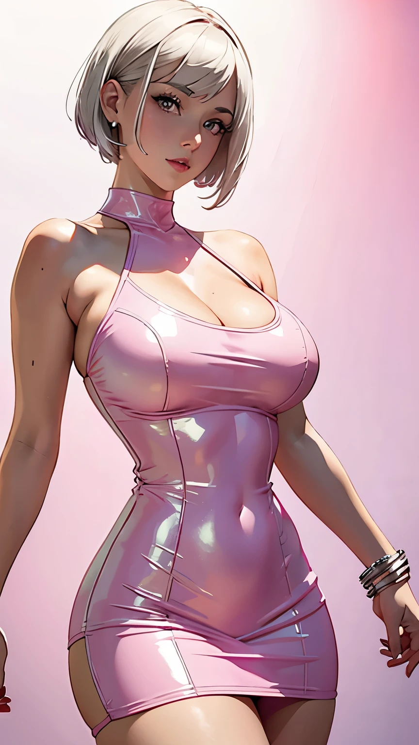 (highres,best quality),beautiful girl,white short hair,curvaceous body,pink latex dress,luxurious background,detailed facial features