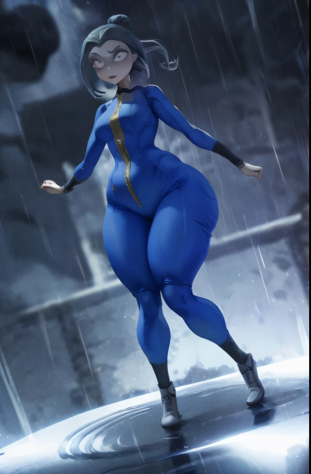 TimBurton Animation, photo of woman in a vault suit, 1girl, solo, colorful, action face, sneaking in a dark vault, action shot, bright side lighting, graceful, bottom heavy body, thic thighs, wide , small , gloomy lighting, rainstorm lighting, volumetric lighting, dynamic angle, tight suit, in the style of Tim burton