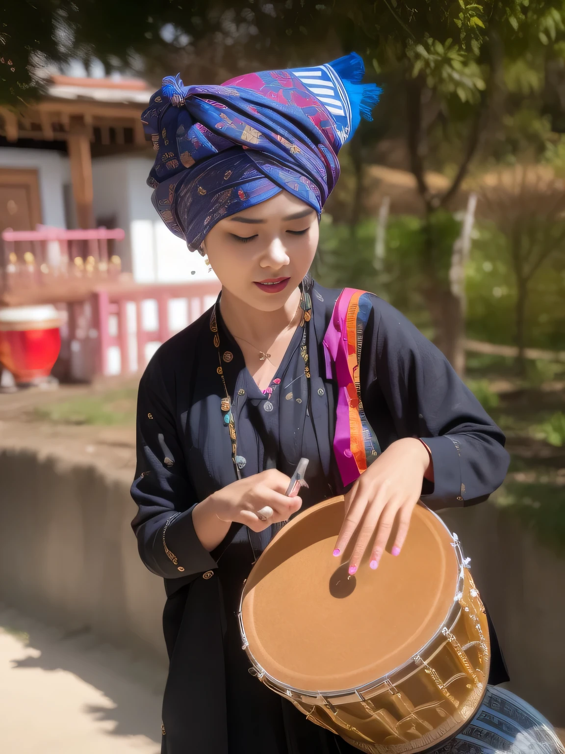 arafed woman in a turban playing a drum outside, playing drums, drummer, musician, traditional, traditional art, nivanh chanthara, photo taken in 2 0 2 0, traditional beauty, music being played, beautiful sunny day, unknown artist, in style of thawan duchanee, traditional tai costume, traditional clothes, traditional costume, wonderful masterpiece