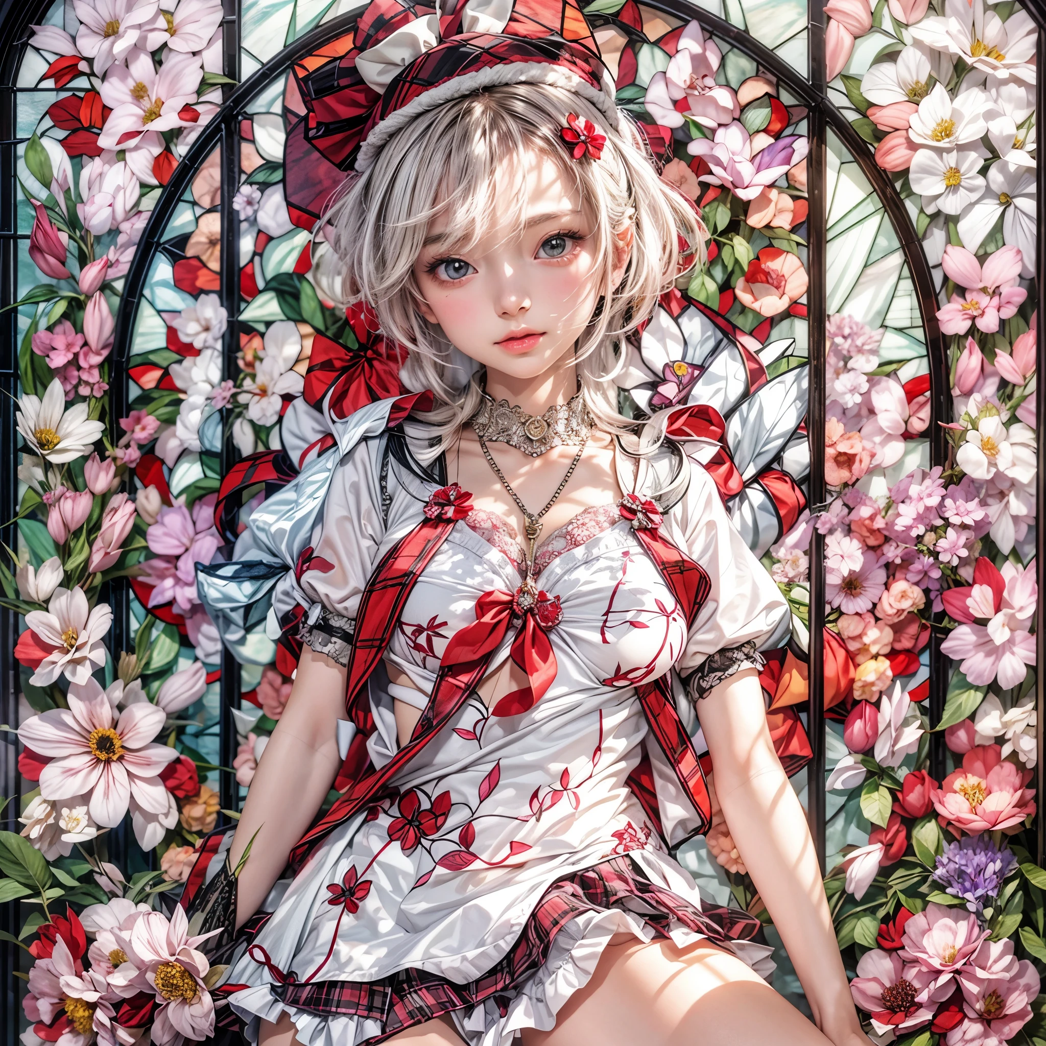 (White and Red, Acutance:0.8), Masterpiece, (physically-based rendering with ultra-detailed, (realistic and (photorealistic:1.37) with touch of rawness)). A group of KAWAII girls in opened school uniform without brassiere . ((extremely detailed KAWAII face variations) with joyful expressions), { Navel | pretty Ass | Overflowing underboob | (White panties) with blood only in crotch area | (full of Flowers covering girl's body) | (Dazzling colorful stained glass with delicate details:1.2) } . (Exposed:1.2), ((nipple:-0.9)), (not Detailed fingers:-0.9) .