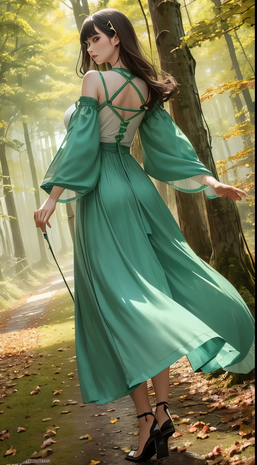 (masterpiece, Highest品質, Highest, official art, beautiful and aesthetic, exposed for a long time: 1.2), smooth movement, attractive pattern, 1 girl, (long dress with sleeves: 1.3), (((green clothes) )), Upper body close-up, bare shoulders, chinese girl, blush, black lob hair, portrait, alone, Upper body, look at the observer, detailed background, detailed face, (Crystal AI, crystal theme:1.1), elemental wood elf, rotation autumn leaves, control autumn leaves, emerald clothing, dynamic pose, suspended particles, etheric dynamics, autumn leaves, vapor, forest in the background, shades of green, forest, fantastic atmosphere,