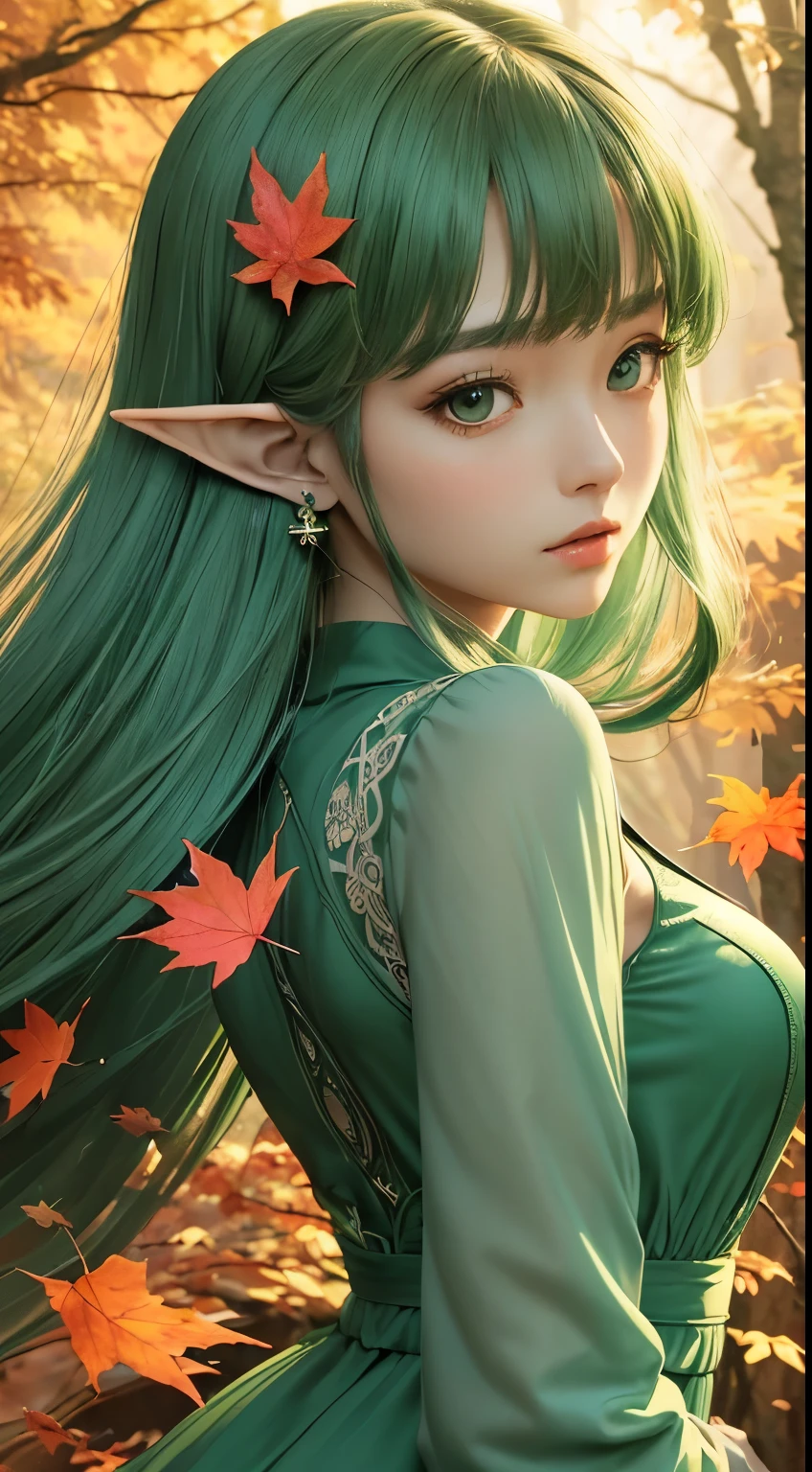 (masterpiece, Highest品質, Highest, official art, beautiful and aesthetic, exposed for a long time: 1.2), smooth movement, attractive pattern, 1 girl, (long dress with sleeves: 1.3), (((green clothes) )), Upper body close-up, bare shoulders, chinese girl, blush, black lob hair, portrait, alone, Upper body, look at the observer, detailed background, detailed face, (Crystal AI, crystal theme:1.1), elemental wood elf, rotation autumn leaves, control autumn leaves, emerald clothing, dynamic pose, suspended particles, etheric dynamics, autumn leaves, vapor, forest in the background, shades of green, forest, fantastic atmosphere,