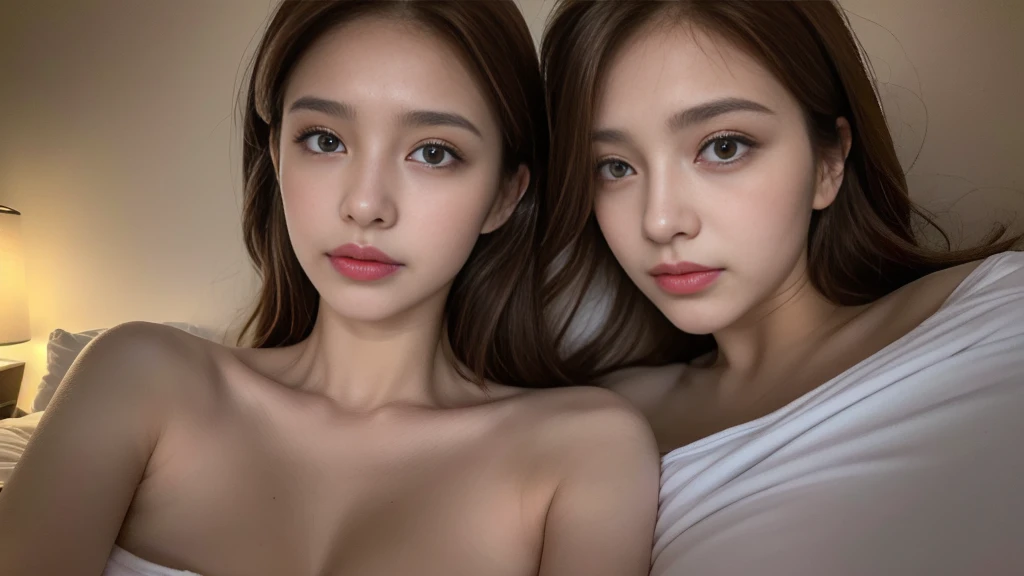 ((night view, realistic light, highest quality, 8K, masterpiece: 1.3)), 1 girl, Beautiful woman with slim figure: 1.4, (brown hair: 1.3), naked: 1.3, on the bed, super detailed face, fine eyes, double eyelid, upward glance, pink nipples, C cup breasts