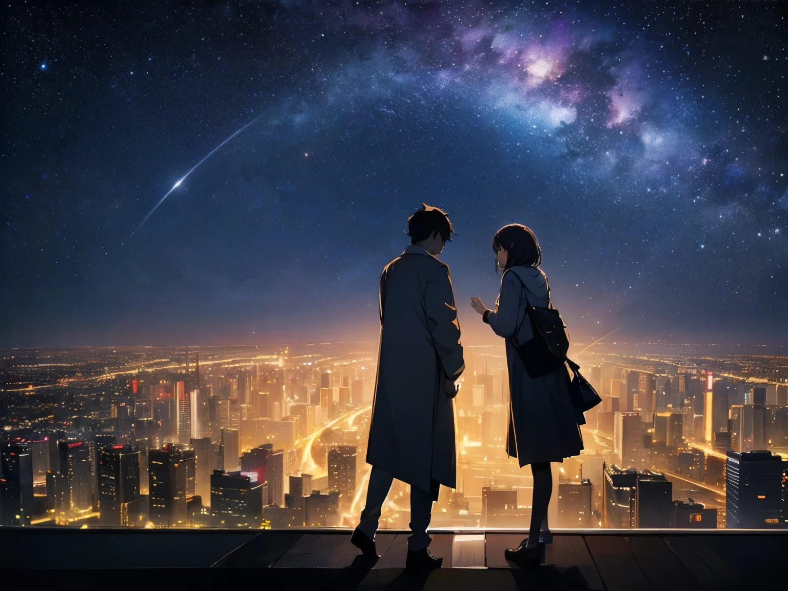 Showcase a skyline view of Tokyo with a couple under the stars and the message "Love that Shines Bright Under Tokyo's Starry Night."