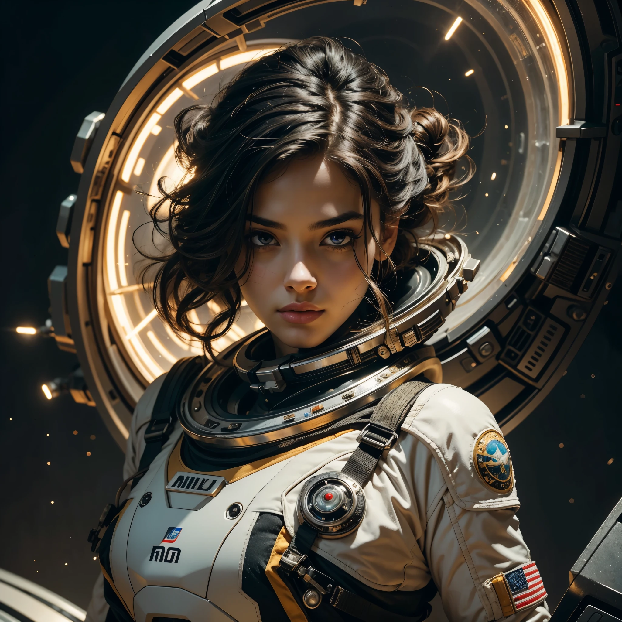 Stunning female in space suit, sci-fi, extremely beautiful piercing eyes, cinematic scene, hero view, action pose, scenery, detailed background, masterpiece, best quality, high quality, intricate, absurdres, very detailed, extremely high resolution, 8k, vivid, colorful, Studio Ghibli xl:1.5>