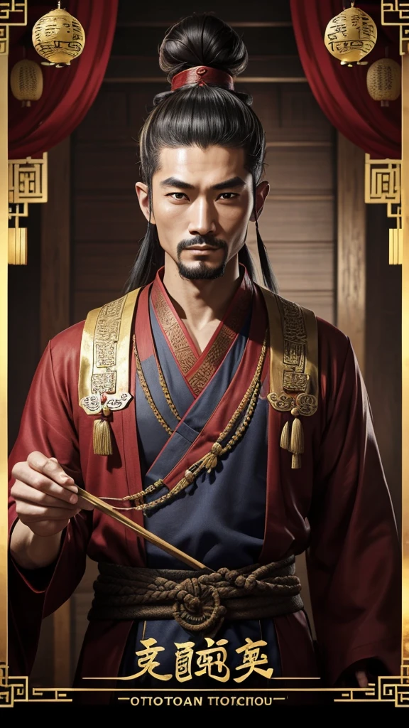 oriental、man in ancient chinese clothes、ancient chinese hairstyle man、A man who covered his topknot with a cloth、three kingdom、multiple warlords、highest quality、masterpiece、ultra high resolution、(Photoreal:1.4)、game poster、inside the house、Upper body、highest quality、masterpiece、ultra high resolution、(Photoreal:1.4)、game poster