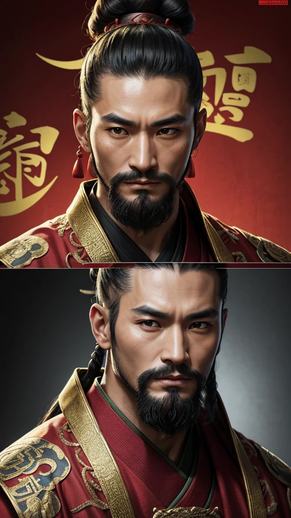 oriental、man in ancient chinese clothes、ancient chinese hairstyle man、A man who covered his topknot with a cloth、three kingdom、multiple warlords、highest quality、masterpiece、ultra high resolution、(Photoreal:1.4)、game poster、inside the house、Upper body、highest quality、masterpiece、ultra high resolution、(Photoreal:1.4)、game poster