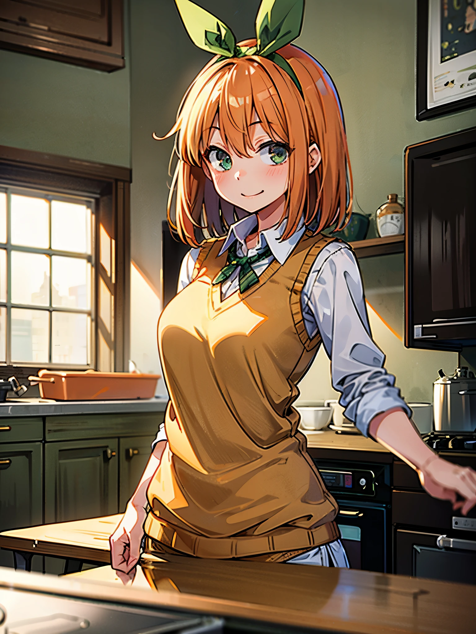 masterpiece, top quality, best quality, 1girl, Yotsuba, (smile), (green ribbon), Sweater Vest, jacket, (apartment), (kitchen), sun light, (messy)