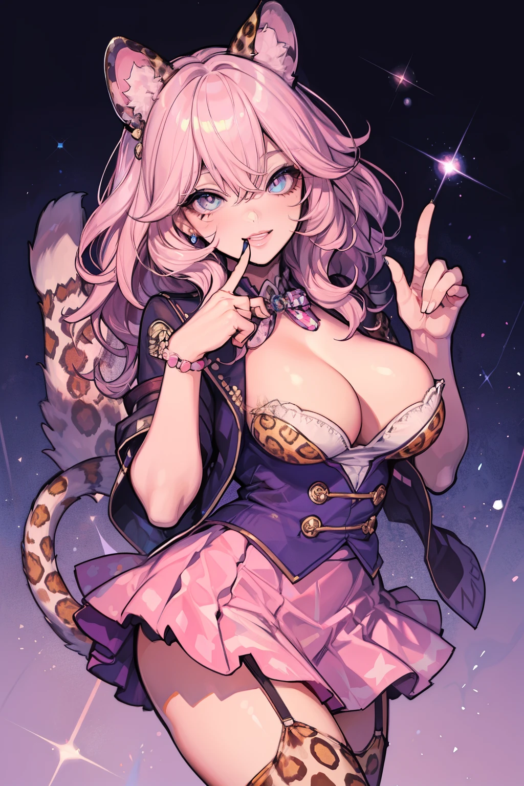 Beautiful woman, sparkling eyes, false eyelashes, pink lips, laughter, big and full breasts, mini skirt, Leopard print costume, Thumb and four fingers, anatomically correct fingers, leopard ears, Leopard tail, Detailed description,