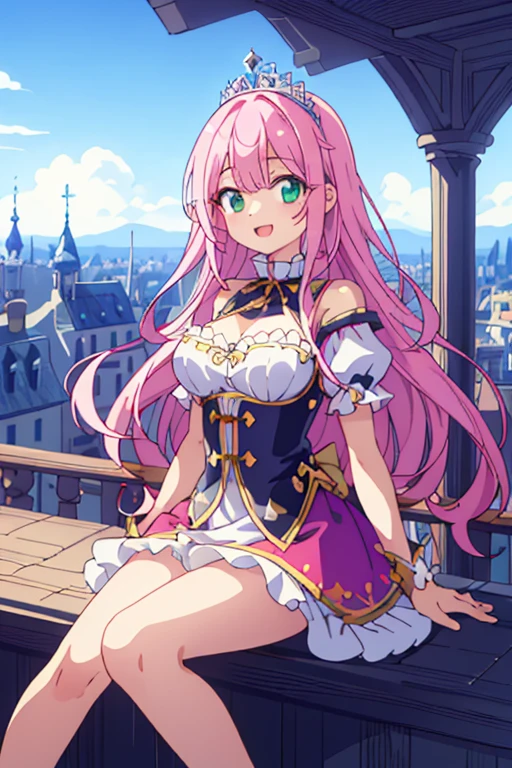 Extremely detailed, disorganized, ultra high resolution, super detailed, highest quality,
1 girl, alone, nice hands, perfect hands,
blake princess, princess dress with lots of frills, Tiara in the hair,
smile, smile, open your mouth,
sitting, cuteポーズ,
from below, cowboy shot,
destroy thin, cute, perfectly symmetrical face, 超cute girl, 超cute face, highly detailed eyes, super detailed髪, 超cute, super beautiful,
BREAK
on roof of city, (fantasy world, city, panoramic view:1.3), Depth of bounds written,
medium to large breasts,
break
Pink hair, long hair, messy hair, green eyes, hair between eyes