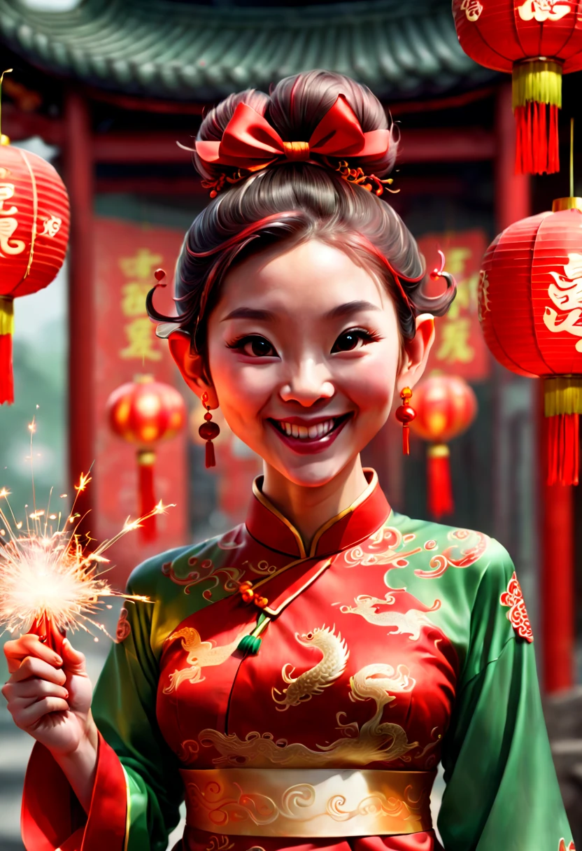 a Elf in festive attire celebrates the Year of the Dragon during Chinese New Year. hair styled into a high bun adorned with red ribbons and a jade hairpin, with a joyful smile on her face. She holds sparklers, ready to join in the New Year celebrations. The background includes festive couplets and lanterns, enhancing the strong atmosphere of the Spring Festival, high-resolution image, HD, Chinese New Year celebration, red cheongsam, dragon motif, joyful expression, traditional decorations, digital painting, culturally rich, photorealistic art, by artists like He Jiaying, clean lines, vibrant, authentic celebration, octane render, (best quality, masterpiece, Representative work, official art, Professional, 8k:1.3)