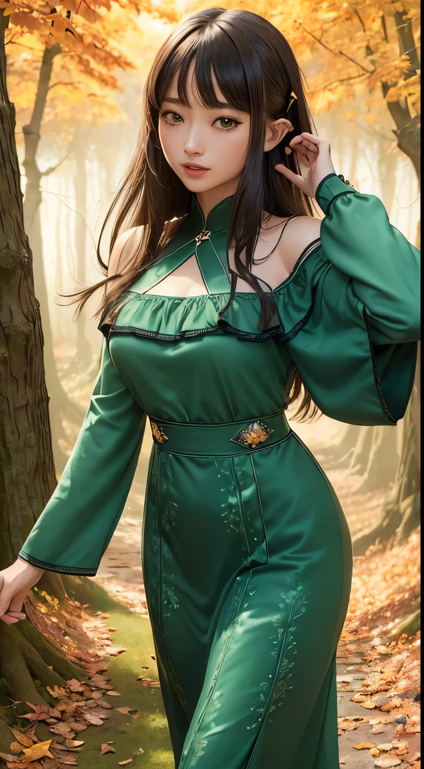 (masterpiece, Highest品質, Highest, official art, Laughter、beautiful and aesthetic, exposed for a long time: 1.2), smooth movement, attractive pattern, 1 girl, (long dress with sleeves: 1.3), (((green clothes) )), Upper body close-up, bare shoulders, chinese girl, blush, black lob hair, portrait, alone, Upper body, look at the observer, detailed background, detailed face, (Crystal AI, crystal theme:1.1), elemental wood elf, rotation autumn leaves, control autumn leaves, emerald clothing, dynamic pose, suspended particles, etheric dynamics, autumn leaves, vapor, forest in the background, shades of green, forest, fantastic atmosphere,