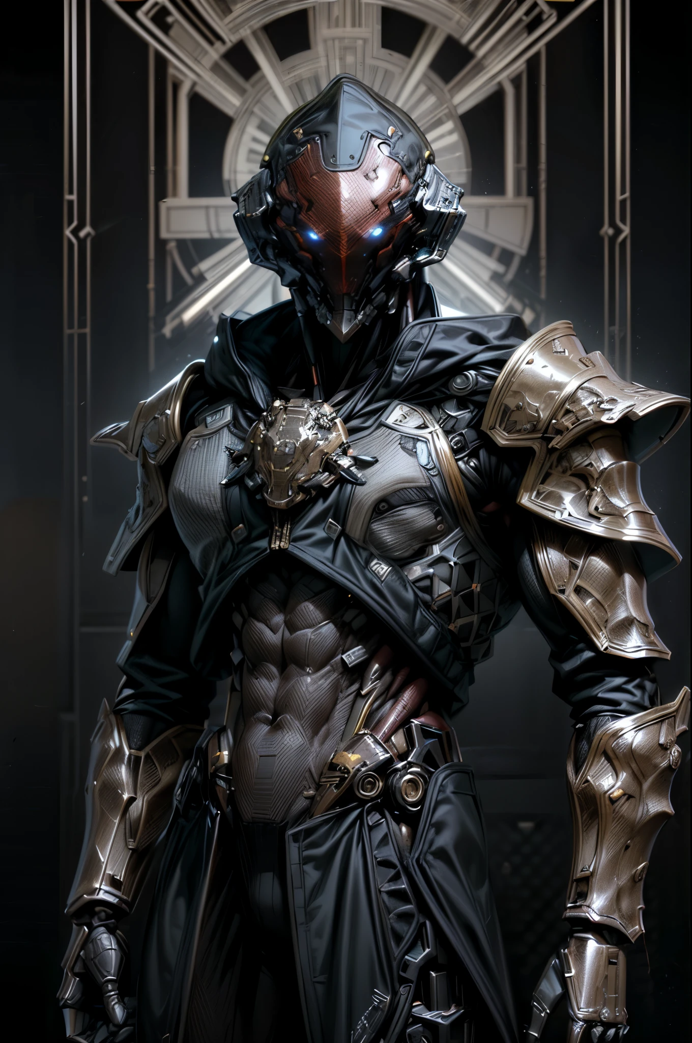 (((An epic and visually stunning digital anime masterpiece, by st theo:1.4, art piece featuring a sylphlike ((masculine male:1.5)) elegant military cyborg soldier clad in a sleek yet tactical armored yet decorated military trench coat:1.3))), (((flat masculine male chest:1.5, mechanical demon robot head with a hood, optical sensors:1.4, amber bar visor:1.5))), (((the character clothed in a (scifi tactical armored double breasted trench coat with a built in exoskeleton, hood pulled up), (((over a form fitted armor plated yet super sleek and sensually revealing under suit:1.6, thighs and waist exposed:1.5))), the armor plating on the upper arms and shoulders beautifully engraved))):1.4, The image showcases the intricacies of the character’s armor and clothing:1.5, ((capturing their flamboyant feminine essence and heavy mechanical art deco aesthetic:1.2)), The character also possesses an androgynous charm, (((with slim yet heavily muscled gorgeous feminine physique:1.2, sylphlike with a sleek waist:1.2, slim mechanical muscular armored torso:1.3, toned yet beautifully sleek cybernetic arms:1.3, mechanical arms and legs:1.3, mechanical muscles:1.3))), looking at viewer, (((brass metal armor and brown leather, dieselpunk:1.3))), (((depth of field, cinematic lighting, chromatic aberration, ray tracing, UHD, masterpiece, top of head covered, super detail, high details, high quality, award winning, 8k, highres, artificial muscle)))