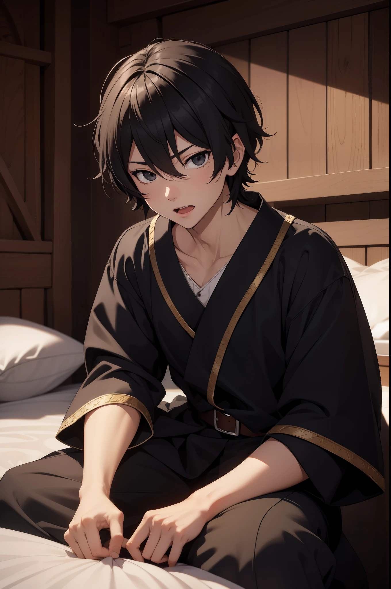 open mouth,teeth，（shark teeth：1.3）,anime characters (high quality) (Super detailed). a 16 year old boy, Medieval noble pajamas, disheveled black hair, black eyes, surprise, Sitting on the bed of a medieval noble.