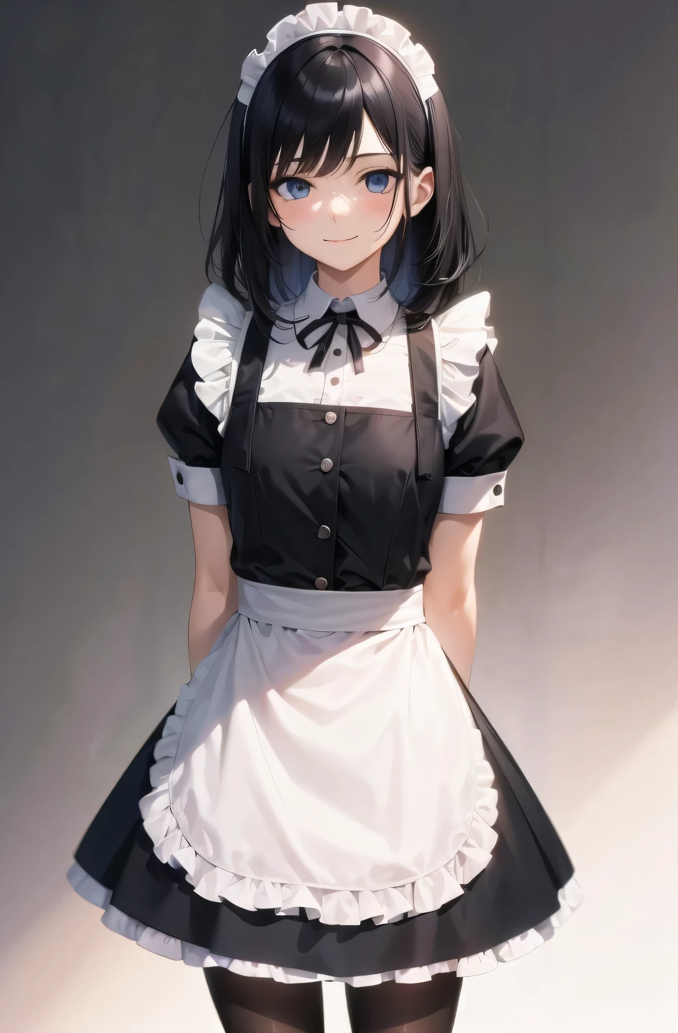 1 girl, maid, permanent, White background, simple background, pantyhose, (Smile:0.8), Put your arms by your sides, perfect eyes, black hair