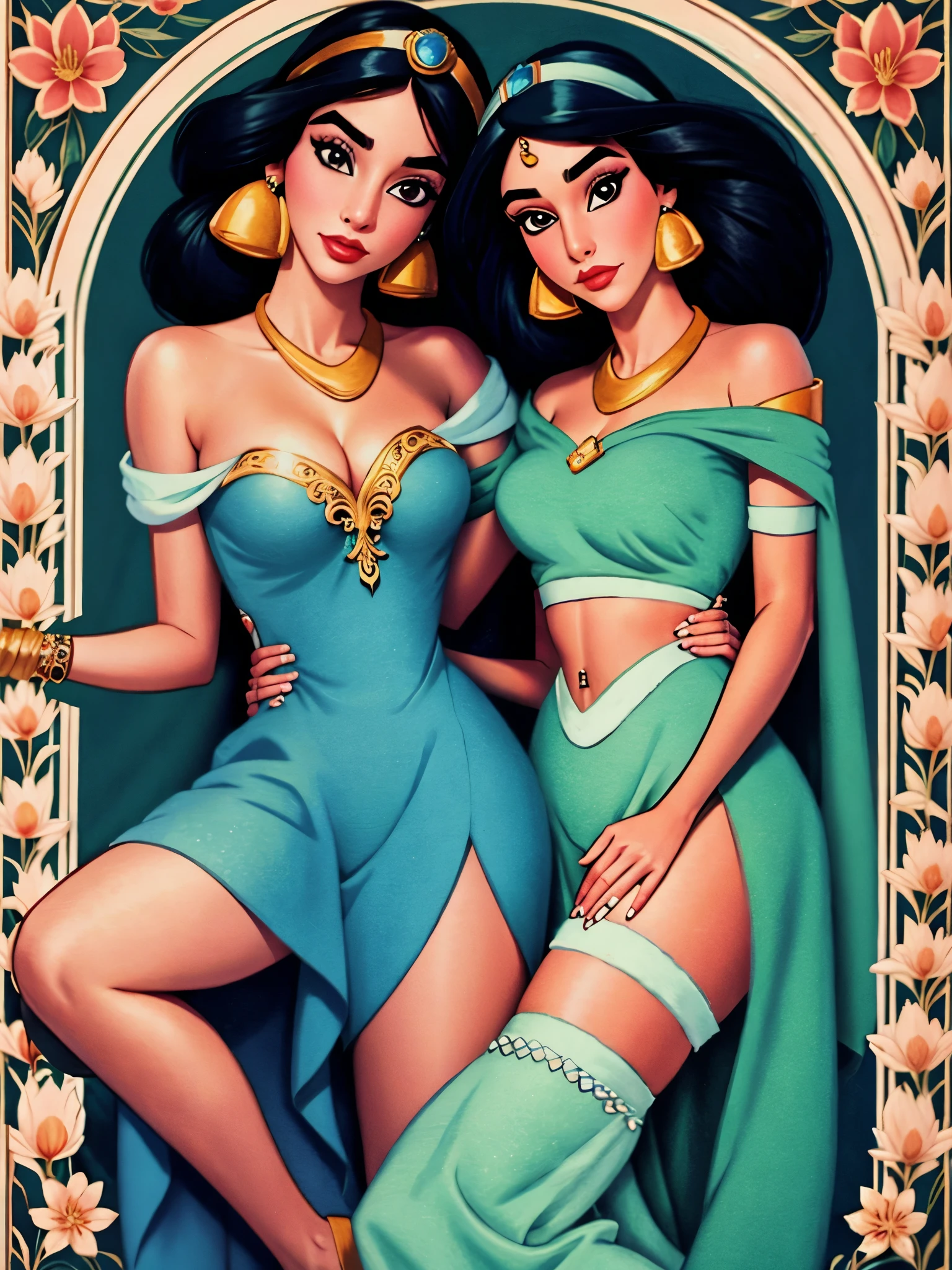 (((1girl))), (((23years))), ((full body shot)), Jasmine on a silk bed cuddling a big tiger, Arabian, diadem with blue gem, jewelry, bracelets on arms, anklets on legs, colorful silks, Arabian setting, flowers, looking at viewer, ((highly detailed)), (((masterpiece))) Hyacinth