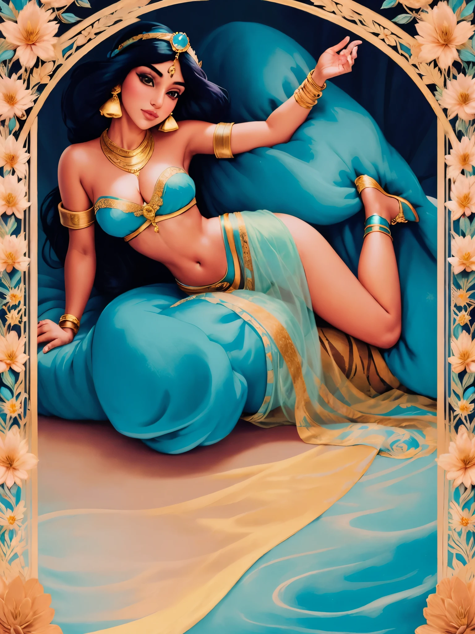(((1girl))), (((23years))), ((full body shot)), Jasmine on a silk bed cuddling a big tiger, Arabian, diadem with blue gem, jewelry, bracelets on arms, anklets on legs, colorful silks, Arabian setting, flowers, looking at viewer, ((highly detailed)), (((masterpiece))) Hyacinth