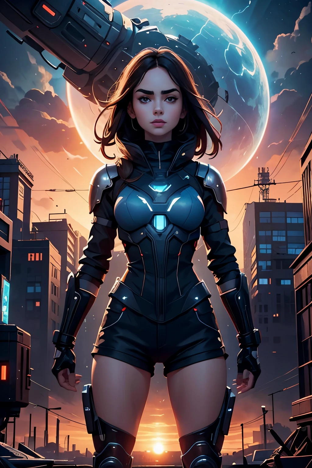 Lily Collins,Tall figure，skin，Upper body shorts，Dark shorts，Complex workmanship，icon，company logo，large sphere，Emit blue light，background with，future technology，cyberpunk city，Large mechanical building，big gear，doomsday ruins，giant tornado，Blue sky and white clouds，lightning thunder，sunset fire cloudultiple planets，end of the world，giant tornado