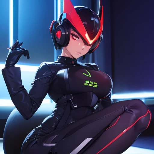 ((Girl in black latex full body suit 1.6)),so beautiful, highest quality, absurd, 1 girl, brainwashed,}}}} empty eyes,(red glowing eyes :1.4)), ((big breasts:1.1)), clearly visible shape、(The shape of the genitals is clearly visible))、cyber punk, dark laboratory, dark room,(neon light:1.2), (night:1.5),(brainwashed)、(brainwashing device and)、((Wear a futuristic head-mounted display connected to a machine on your head))、(sitting in a futuristic chair)、((spread your knees)),((Low - Angle))