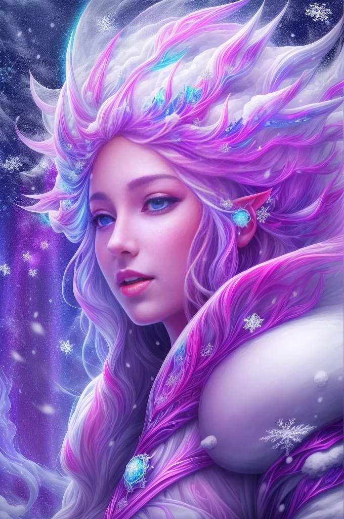 (Female elf stands in front of white snow whirlpool: 1.5),((Her facial features are very beautiful,Pointy ears and charming eyes,Complements flowing hair。The costume she wears combines traditional elf clothing with futuristic technological mechanical elements.:1.ure white snowflakes, Snowy surroundingpectations, depth of field, insight, I got it, Monte, Snow cover, translucent cloud, spectrum, panoramic, snow cycle, crazy, portal, big deal, white light, global snowflake,The sky full of beautiful snowflakes)),充满活力的white light颜色,thick line,Turbulent snowflakes with multiple layers,prospect、Vision、Fractal ThunderDan Mumford,danford and alex gray style,psychedelic surreal art,Surreal psychedelic design,dream art style, trippy art,Infinite white snow psychedelic wave,inspired by Cyril Rolando (Cyril Rolando),Realistic snow ripple structure,Psychedelic snow art style,trippy art,Psychedelic illustration,(alone),(RGB color,Ultra-high saturation)
