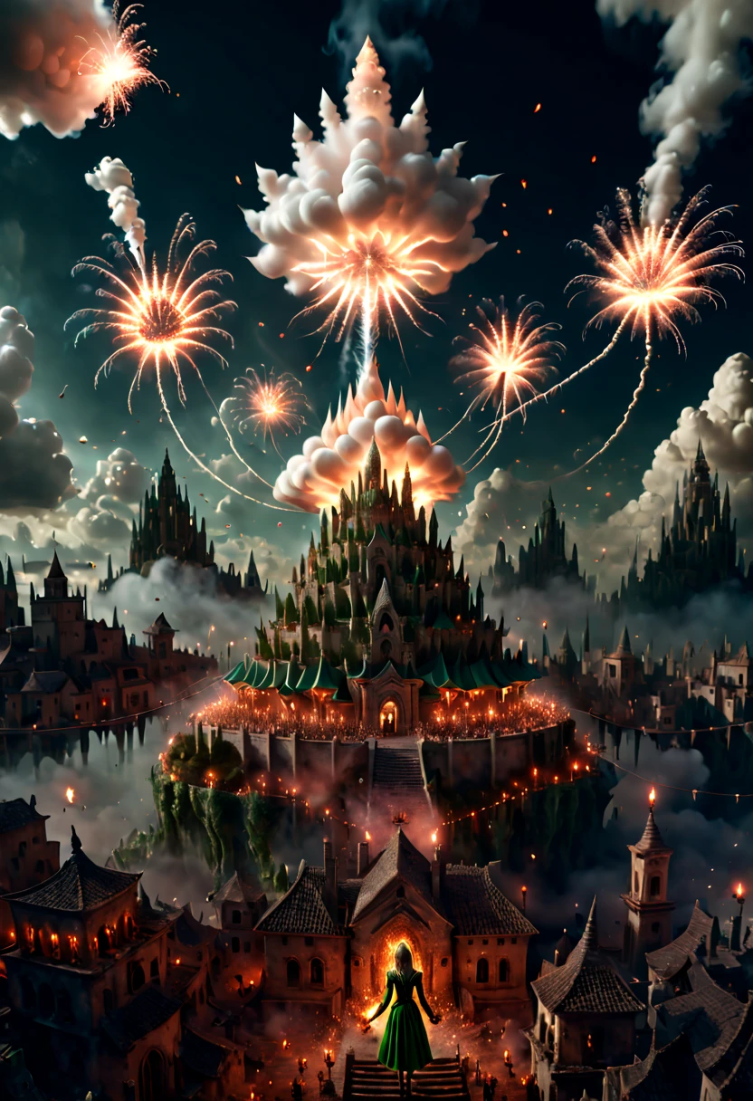 Multiple exposure, a Elf girl, ancient city, volumetric cloud, aerial fireworks, lamps and candles of a myriad families, octane render, (best quality, masterpiece, Representative work, official art, Professional, 8k:1.3)