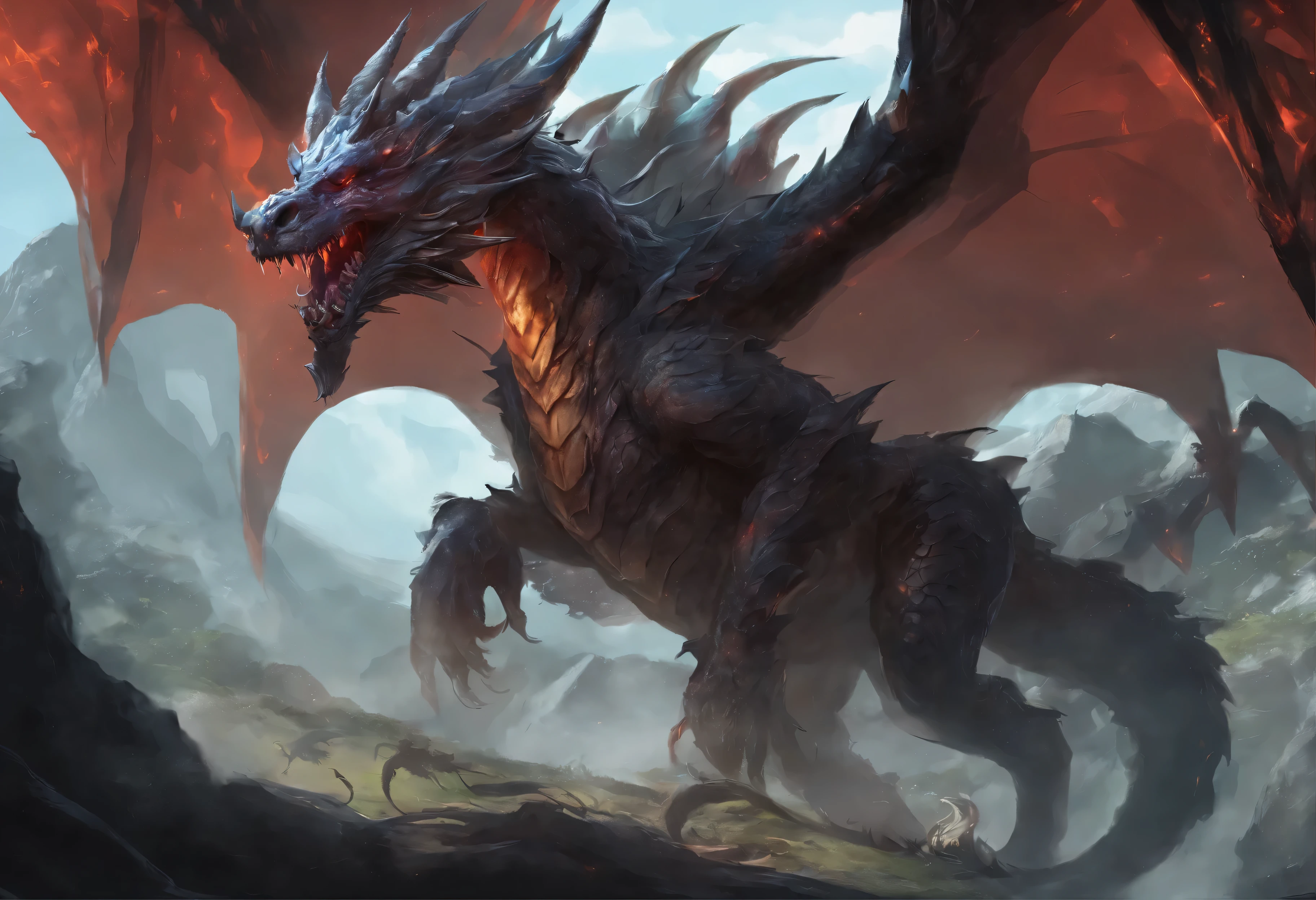 There is a big dragon with a huge head and a huge body, epic fantasy card game art, highly detailefantasy art, detailed digital 2fantasy art, 壮大なfantasy artワーク, detailefantasy art, Epic fan-inspired card game art, dungeon&ドラゴンズfantasy art, surreal D & fantasy art, 対称的な壮大なfantasy art, cyborg dragon portrait