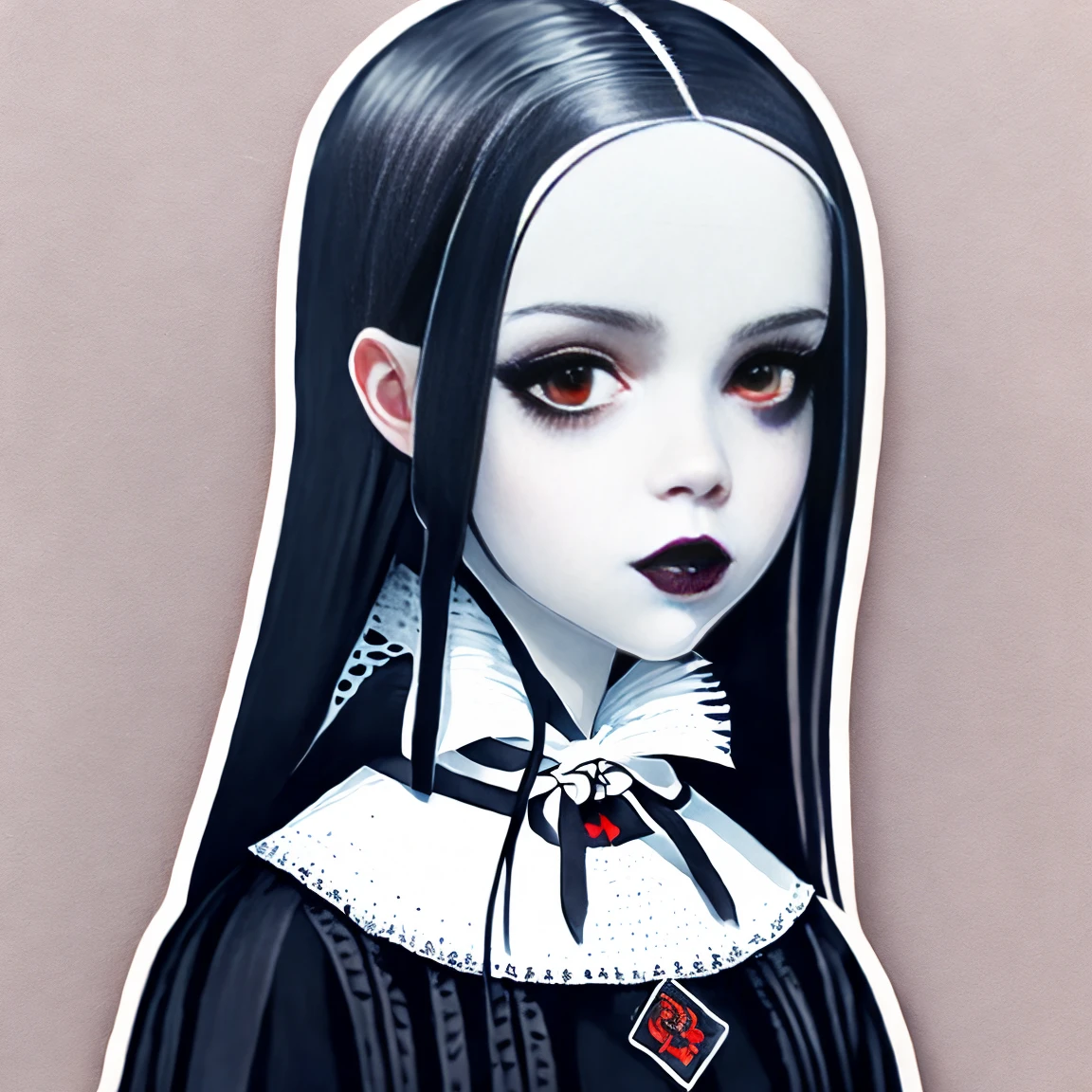Aufkleber Wednesday Addams, Vampire girl, langes Haar, Gothic Style, dunkelschwarze Wimpern ,leuchtend rote Augen, digital Illustration, Comic-Stil, Gotische Renaissance, perfekte Anatomie, zentriert, Der Perfektion nahe, Dynamisch, Sehr detailliert, Aquarellmalerei, Kunststation, Konzeptkunst, glatt, scharfer Fokus, Illustration, Bild von Wlop und Ross Tran ,