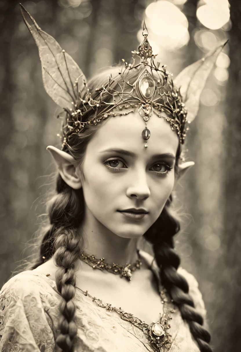 Old photo from the 1930s with a Zeiss Ikon Ikonta 520../2 cameras, published by the Museum of Historical Photography in 1930. (portrait of an elven queen with long pointed elven ears), elven queen with a beautiful cute face against the backdrop of a dense forest, hair braided in intricate lace patterns, the elf's long pointed ears are visible, on the head there is a beautiful elegant crown made of interlacing thin gold threads and vine branches., beautiful luxury clothes, deep neckline, pendant with shining crystal for neck, film type 130, frame size 60 x 90 mm, Tessar 4, 5/lens 105 mm, vintage photo paper, old shabby photograph, scuffs and scratches, photo damaged by time
