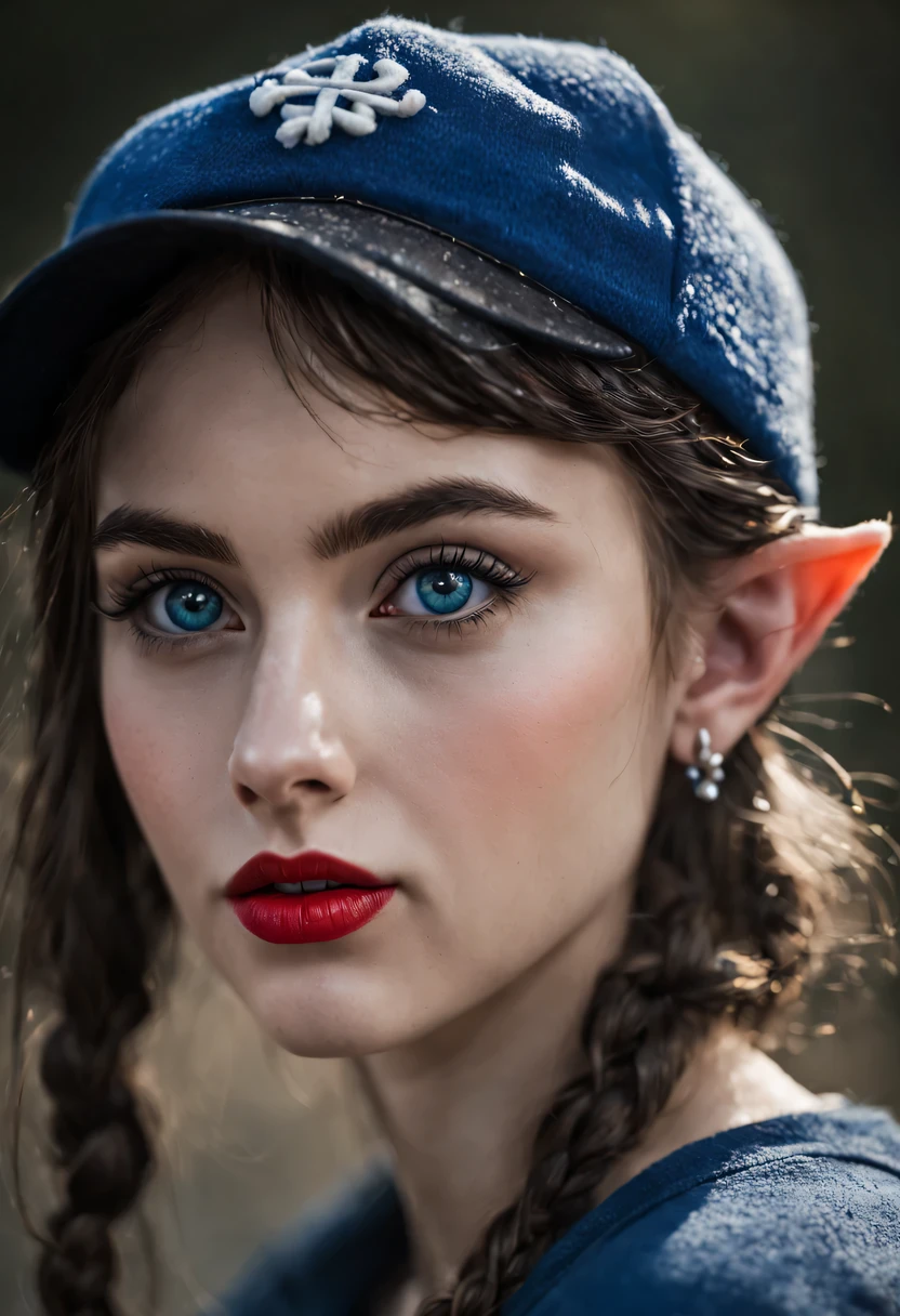 professional portrait photograph, cute 18 year old elf girl in modern clothes and a baseball cap on her head, Expressive blue eyes, long black eyelashes, thin arched eyebrows, Long elven ears, an earring in the shape of a cross hangs in one ear, Clear skin texture, full scarlet lips of a very beautiful shape, chiseled oval face with a slightly pointed chin, Canon EOS 6D Mark II Tamron SP 85 mm f/1.8. Venture capital in US dollars, winner of the World Portrait Photography Competition., photo published on 35AWARDS