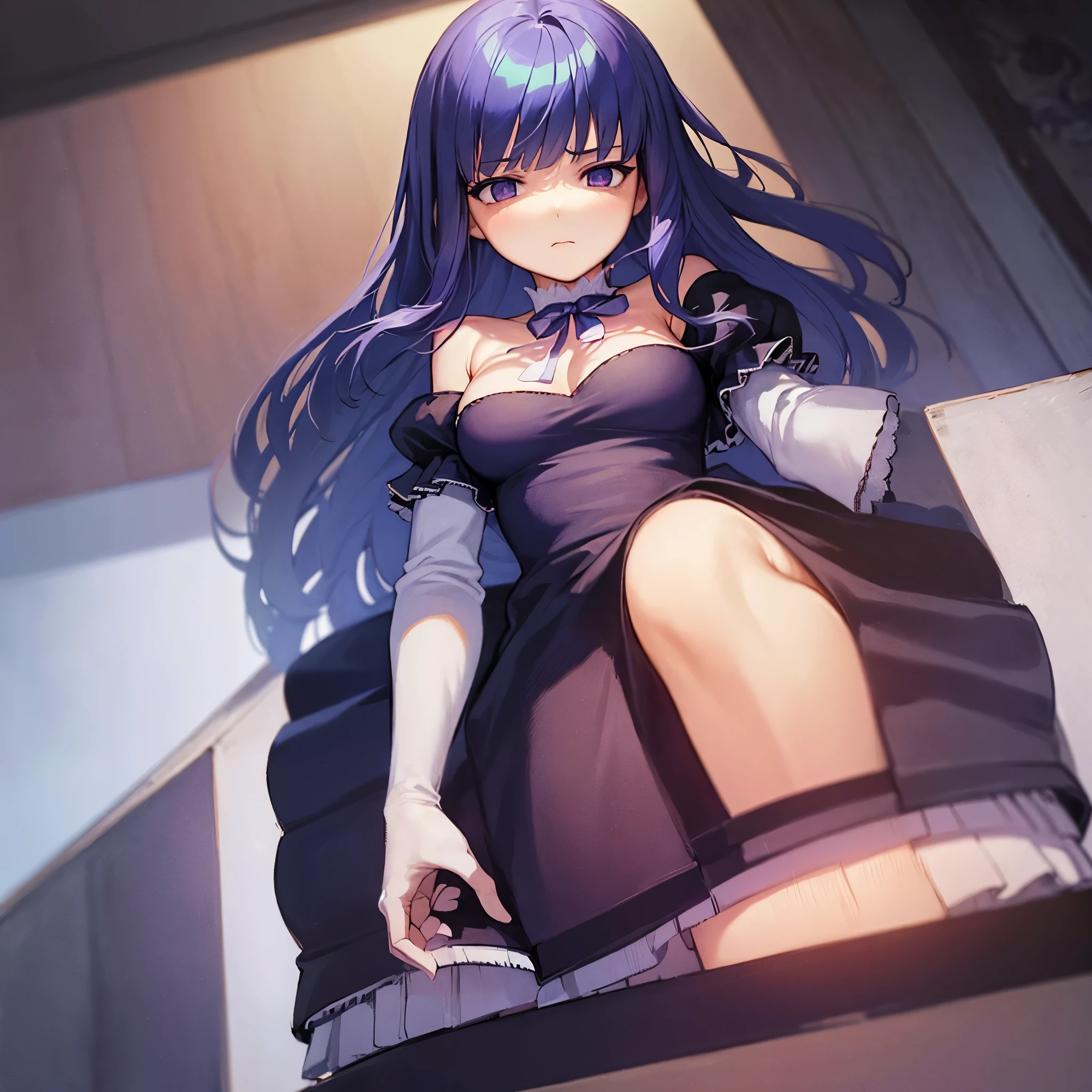 ((frederica bernkastel)) (best quality)), ((masterpiece)), (detailed), perfect face , dark blue hair, blunt bangs, hime cut, long hair, solo, 1girl, purple eyes, expressionless, gothic dress, lying, blue ribbon, spread arms, blank eyes, blush, cleavage