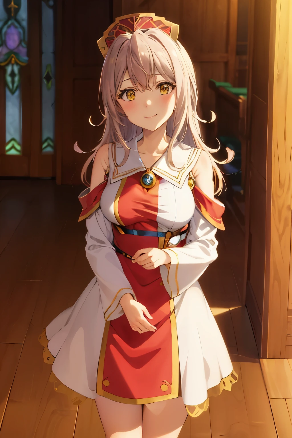 best quality, (masterpiece:1.2), detailed, anime coloring,
lumachina isekaimaou,
light blush, smile, closed mouth,
platinum blonde hair, long hair, yellow eyes,
red headwear, nun dress, detached sleeves,
standing, from angle, looking at the viewer,
church