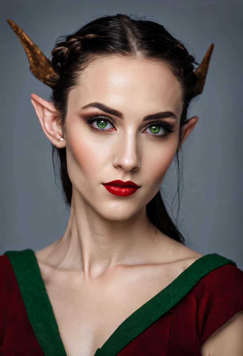 professional portrait photograph, very beautiful elf woman 35 years old in modern clothes, Elves, unkempt avant-garde hairstyle on the head, Expressive green eyes, narrow vertical pupils, long black eyelashes, thin arched eyebrows, Long elven ears, modern hoop earrings in one ear, Clear skin texture, modern day makeup, full scarlet lips of a very beautiful shape, chiseled oval face with a slightly pointed chin, pointy elf ears, Canon EOS 6D Mark II Tamron SP 85 mm f/1.8. Venture capital in US dollars, winner of the World Portrait Photography Competition., photo published on 35AWARDS