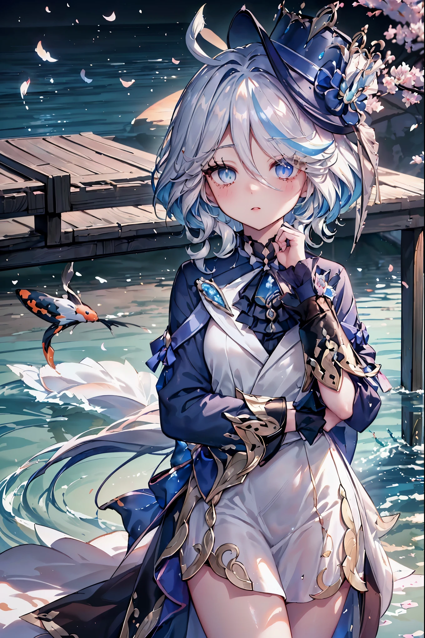 masterpiece, best quality, Super detailed, sparkling, glowing light, Ray tracing, HDR, depth of field, (perfect face, Detailed face, delicate eyes,perfect hands),8k,HD,surreal face,Ray tracing,perfect lighting,((The quality of wearing a white wedding dress, Super detailed, shining eyes, (looking at the audience,open嘴微笑:1.1), ((1 girl)), thigh,Throw, Forina,long hair,hair covering one eye,((gradient hair)),colorful eyes, gradient eyes, (glowing eyes:1.5), mascara, (fashion makeup), open,blush,hatflower, ((Central Japanese countryside,Nihonbashi,Bridge,river,Cherry tree,Cherry petals,dark blue sky,Koi on river)),(complex background, There are many elements in the background:1.2),((Super detailed的背景)), posture, ((8k wallpaper)),