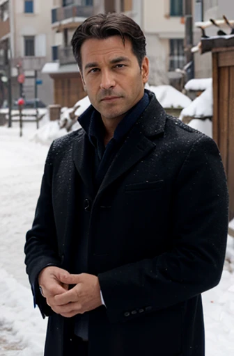 un sex-symbol italiano muy elegante que seduce mujeres, He is 45 years old and is a businessman vacationing in the snow having a coffee